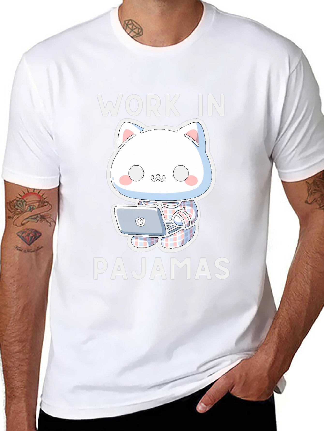 Work In Pajamas T-Shirt - Cute Cat Design