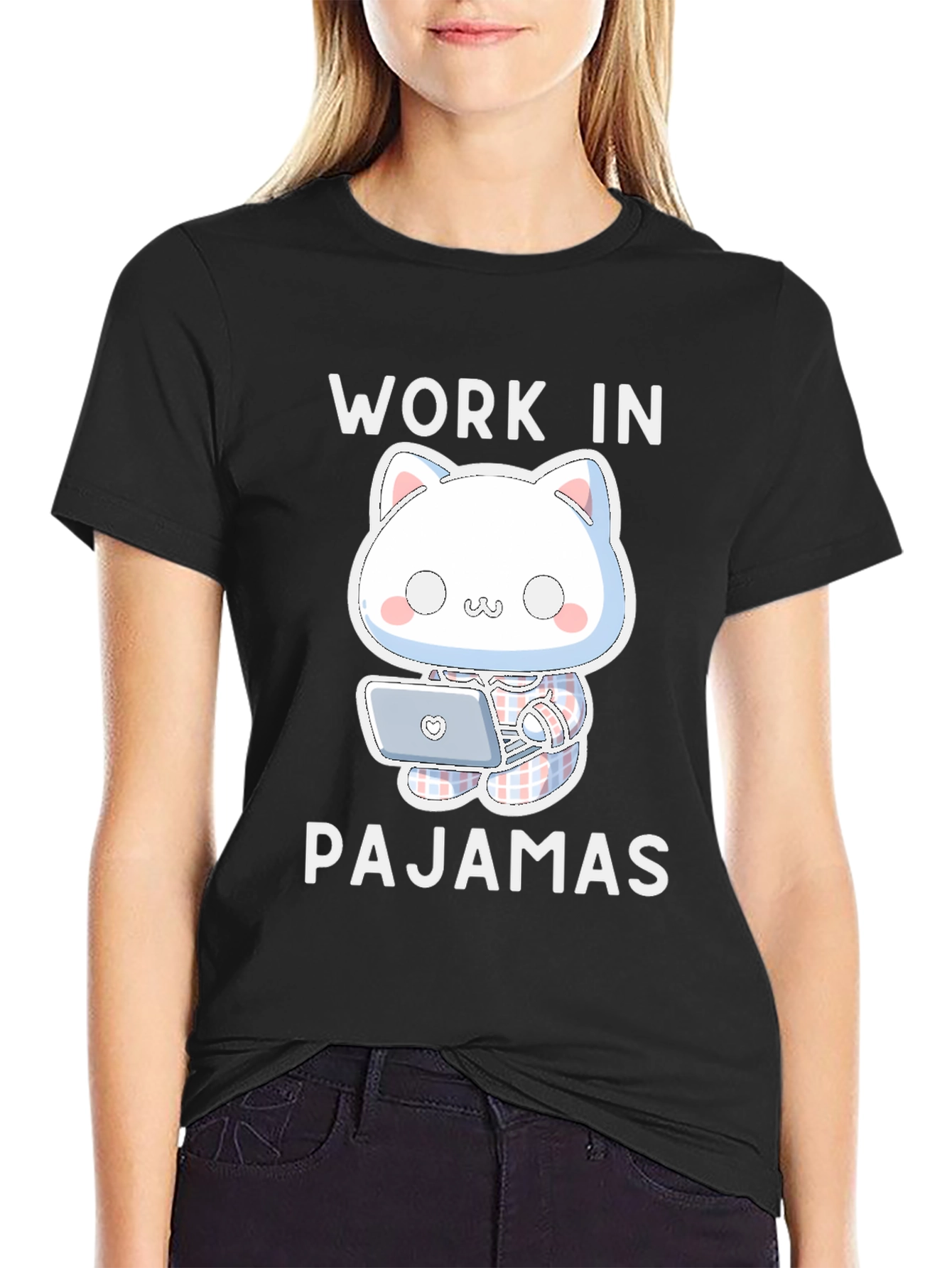 Work In Pajamas T-Shirt - Cute Cat Design