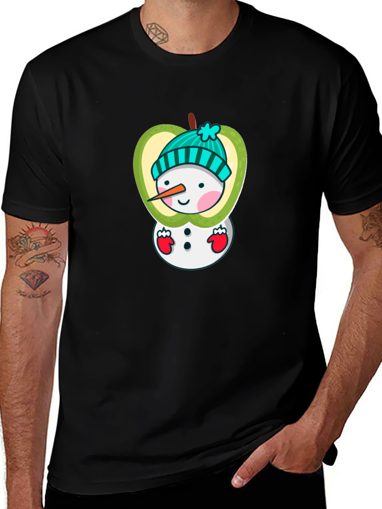 Apple Snowman Graphic Tee - Festive Holiday Shirt