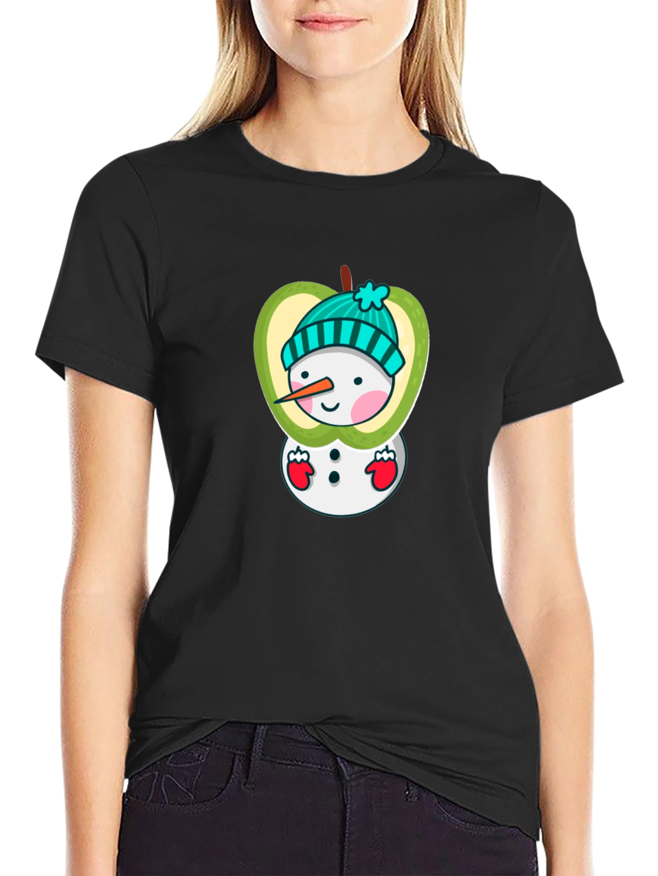 Apple Snowman Graphic Tee - Festive Holiday Shirt