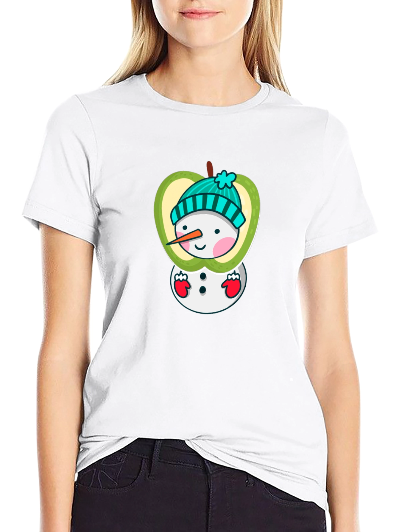 Apple Snowman Graphic Tee - Festive Holiday Shirt