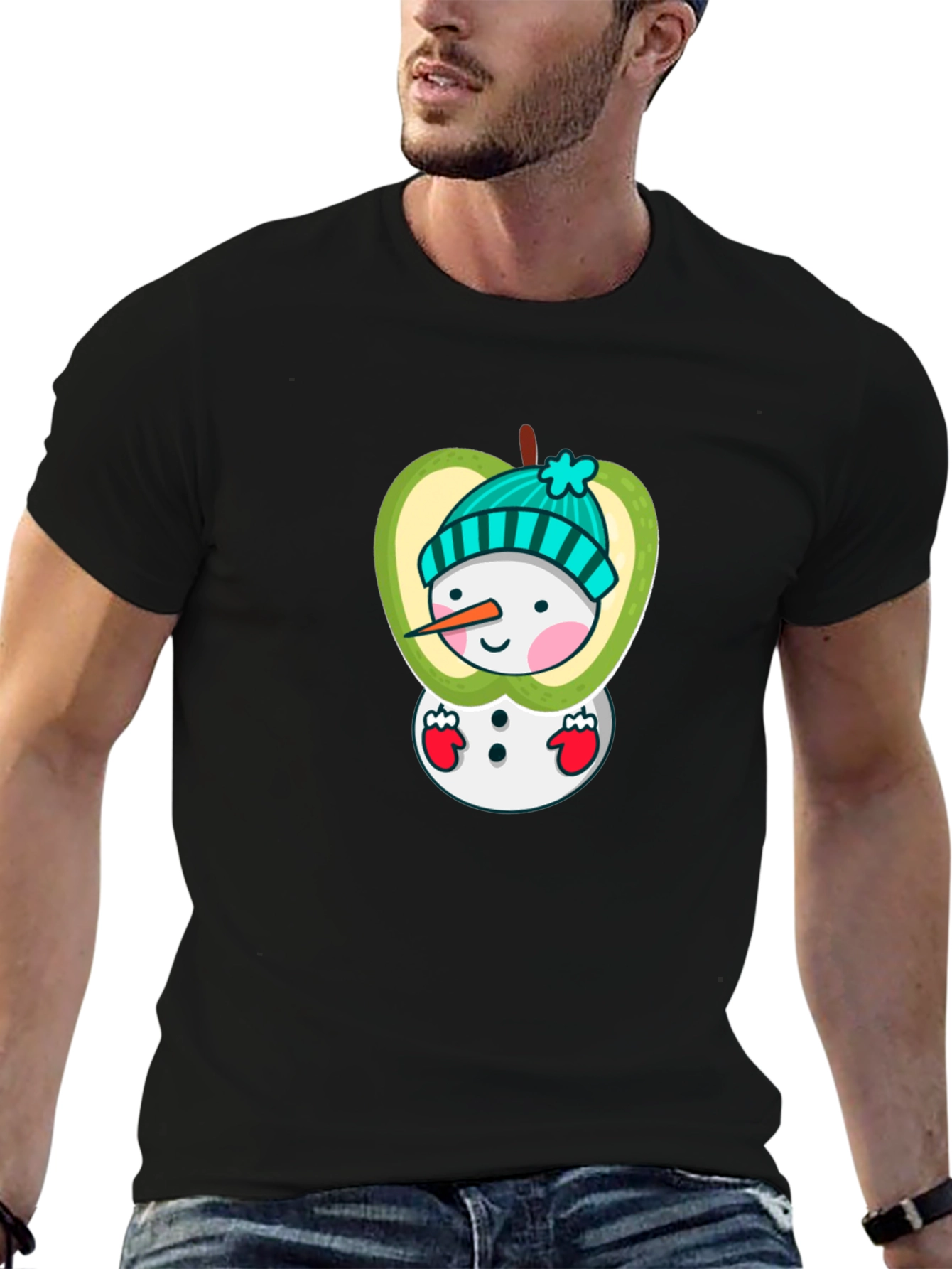 Apple Snowman Graphic Tee - Festive Holiday Shirt