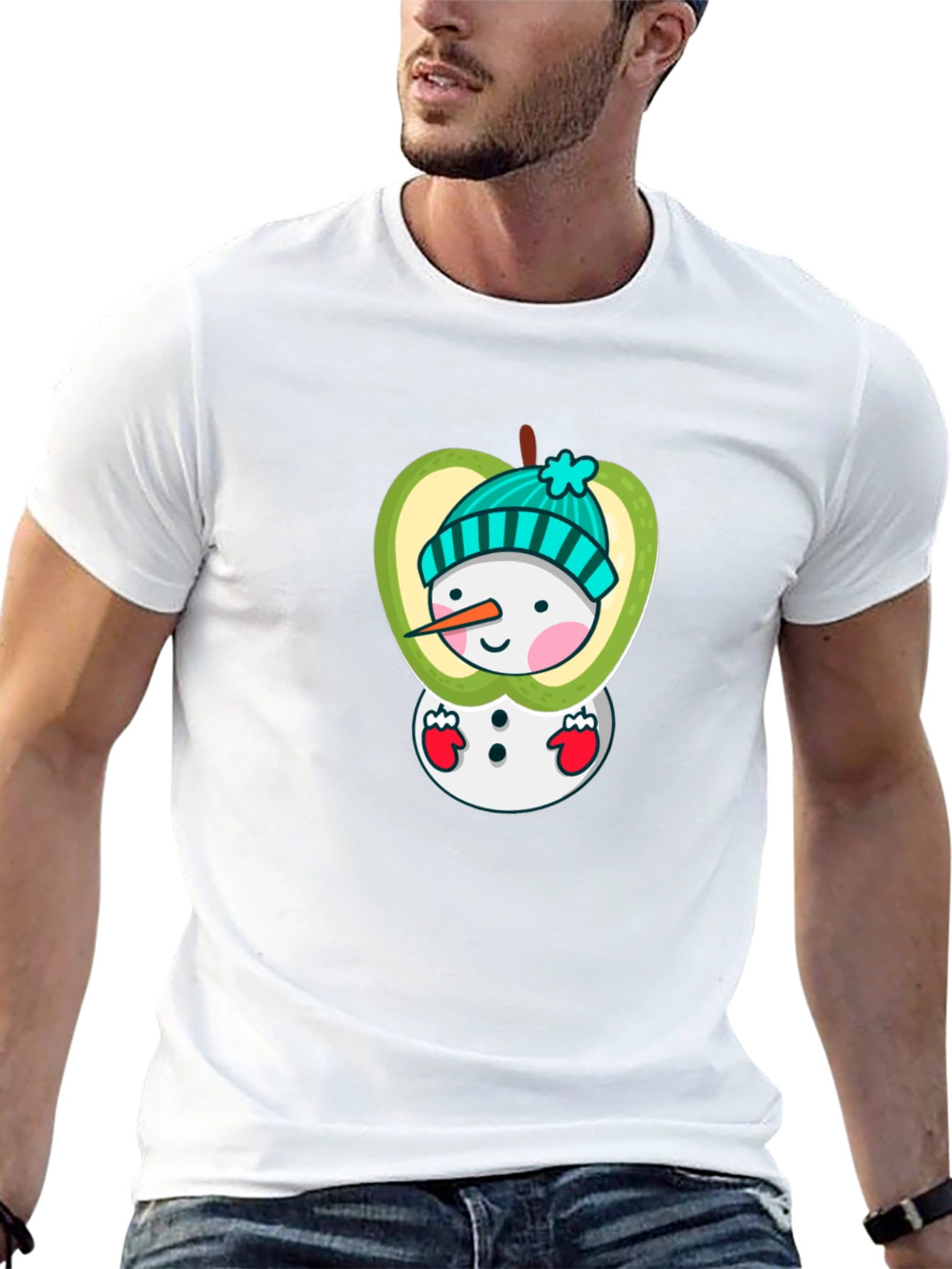 Apple Snowman Graphic Tee - Festive Holiday Shirt