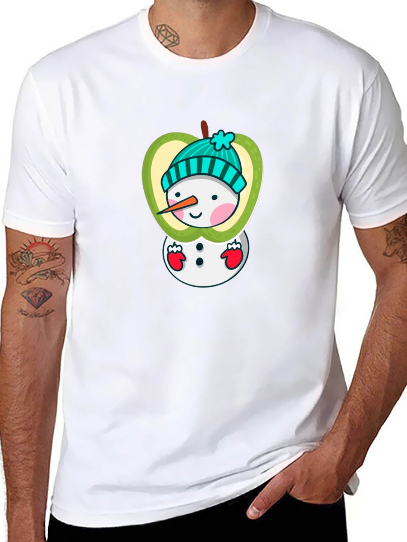 Apple Snowman Graphic Tee - Festive Holiday Shirt