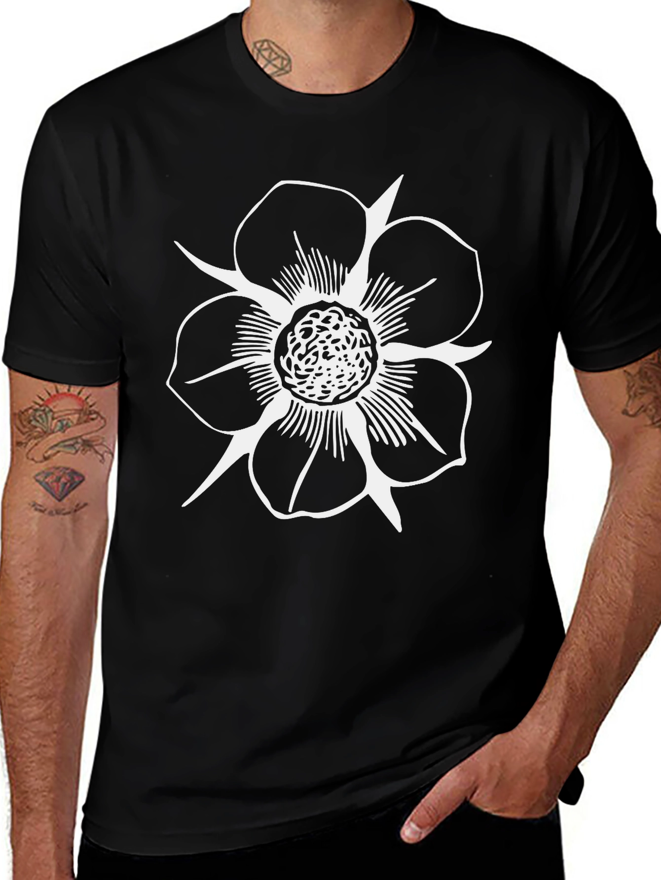 Black T-Shirt with White Flower Print