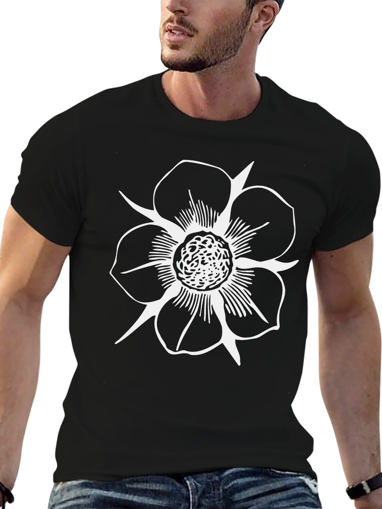 Black T-Shirt with White Flower Print
