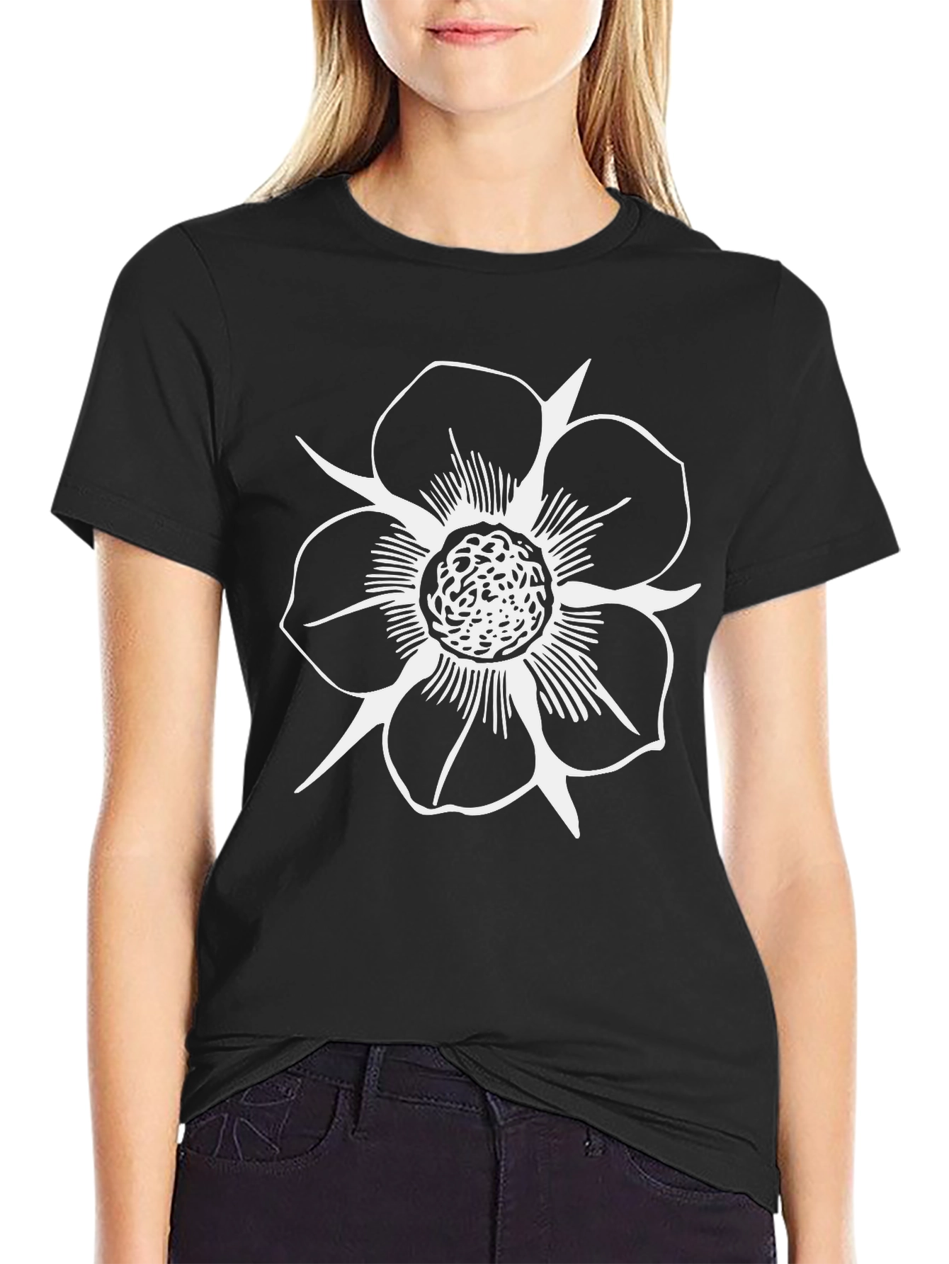 Black T-Shirt with White Flower Print