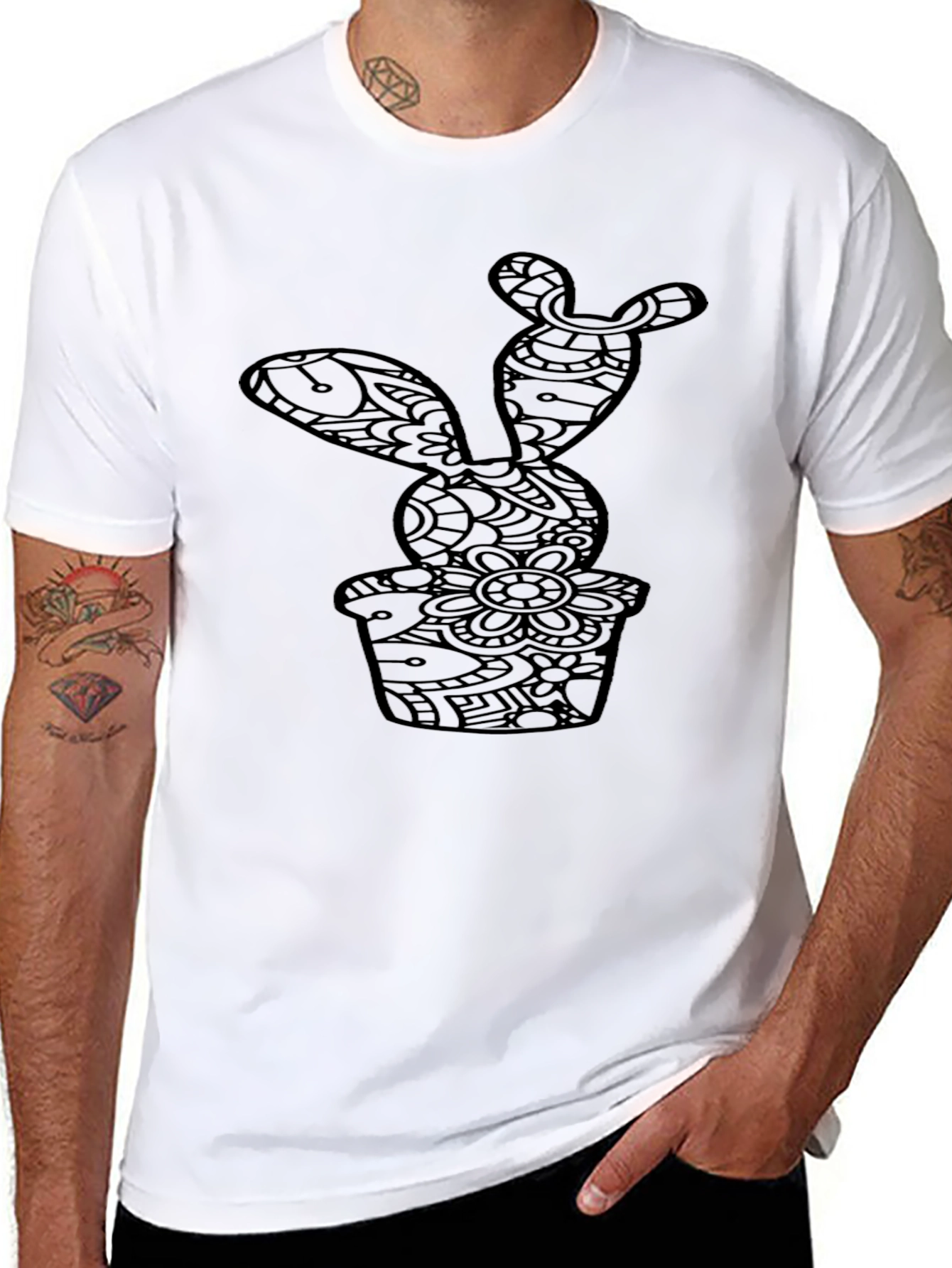 Black Cactus Print Crew Neck T-Shirt