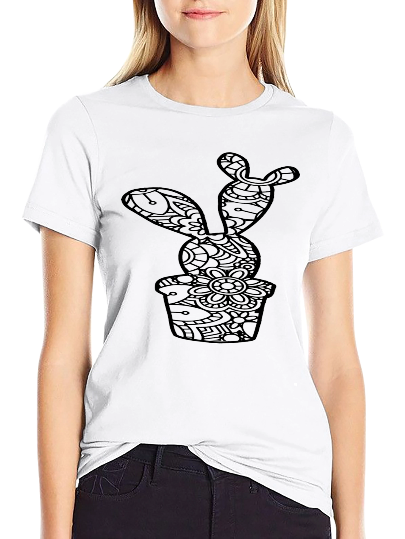Black Cactus Print Crew Neck T-Shirt