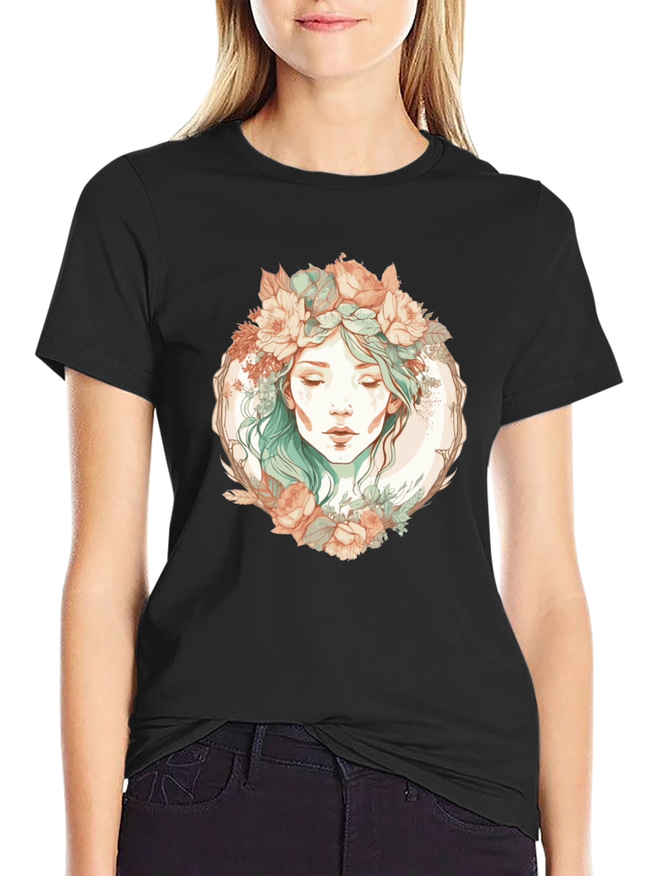 Floral Goddess Graphic Black T-Shirt