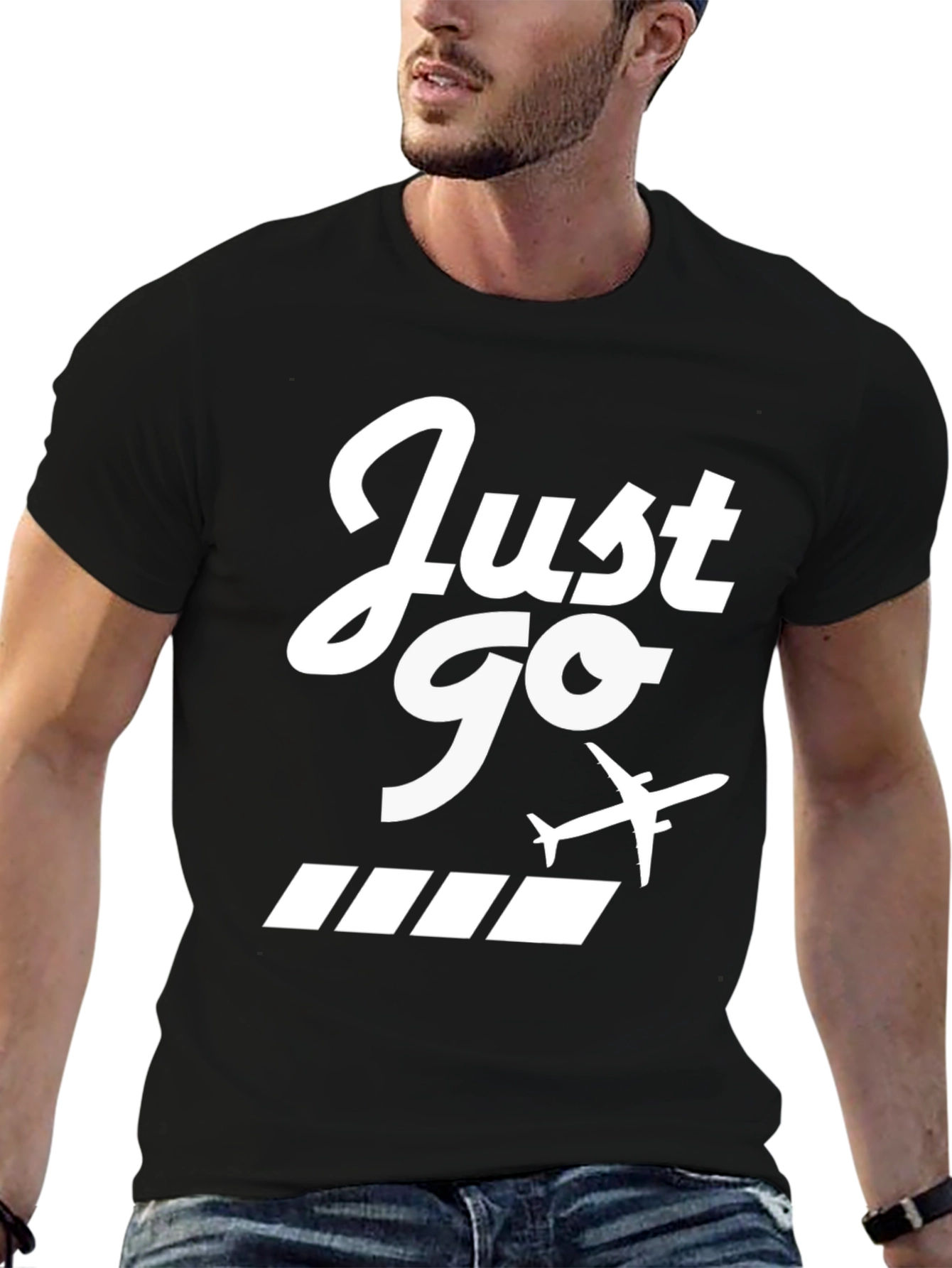 Just Go Airplane Graphic Tee - Black Cotton T-Shirt