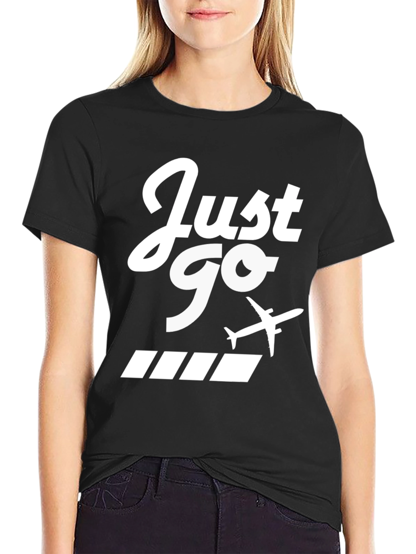 Just Go Airplane Graphic Tee - Black Cotton T-Shirt