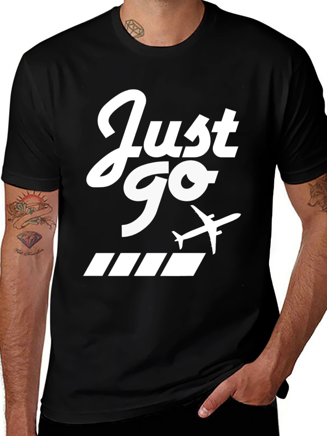 Just Go Airplane Graphic Tee - Black Cotton T-Shirt