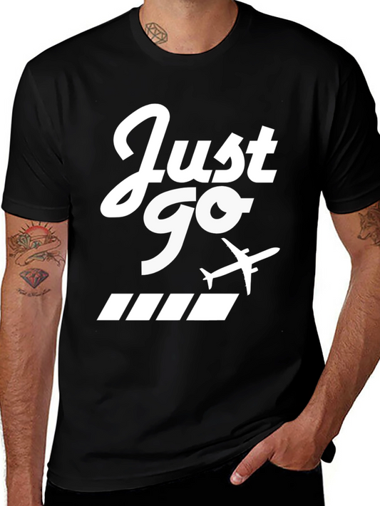 Just Go Airplane Graphic Tee - Black Cotton T-Shirt