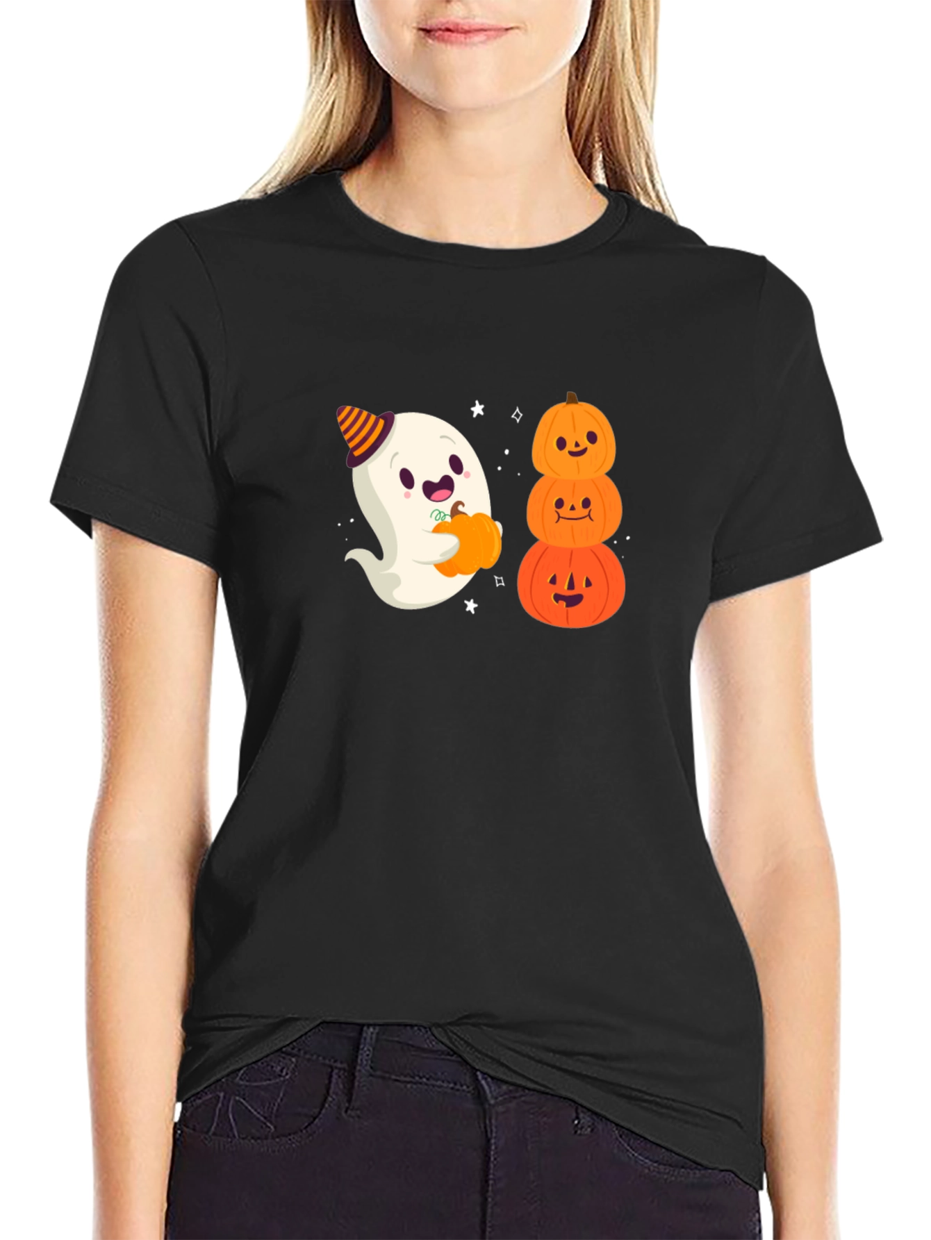 Halloween Ghost & Pumpkins Black T-Shirt