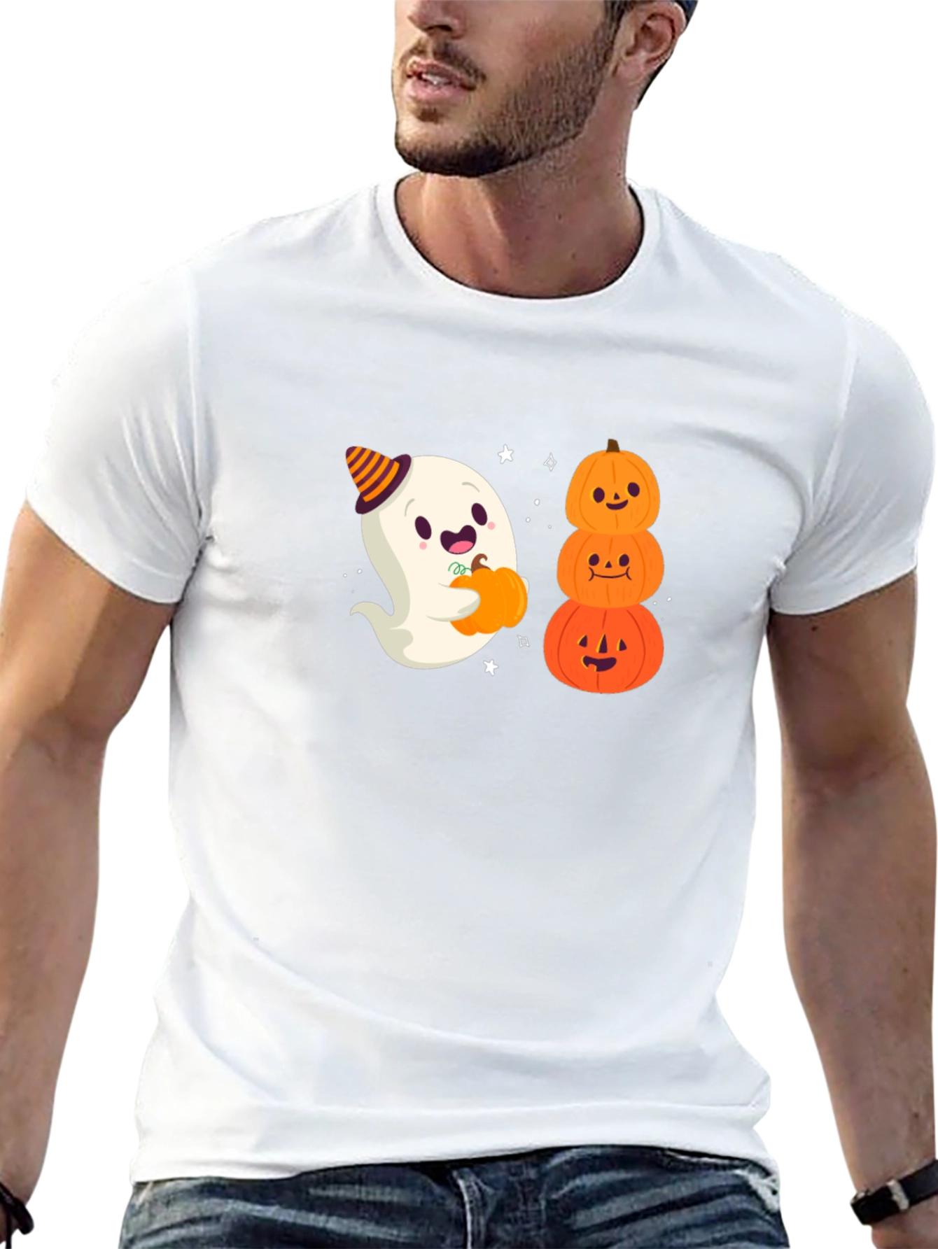 Halloween Ghost & Pumpkins Black T-Shirt