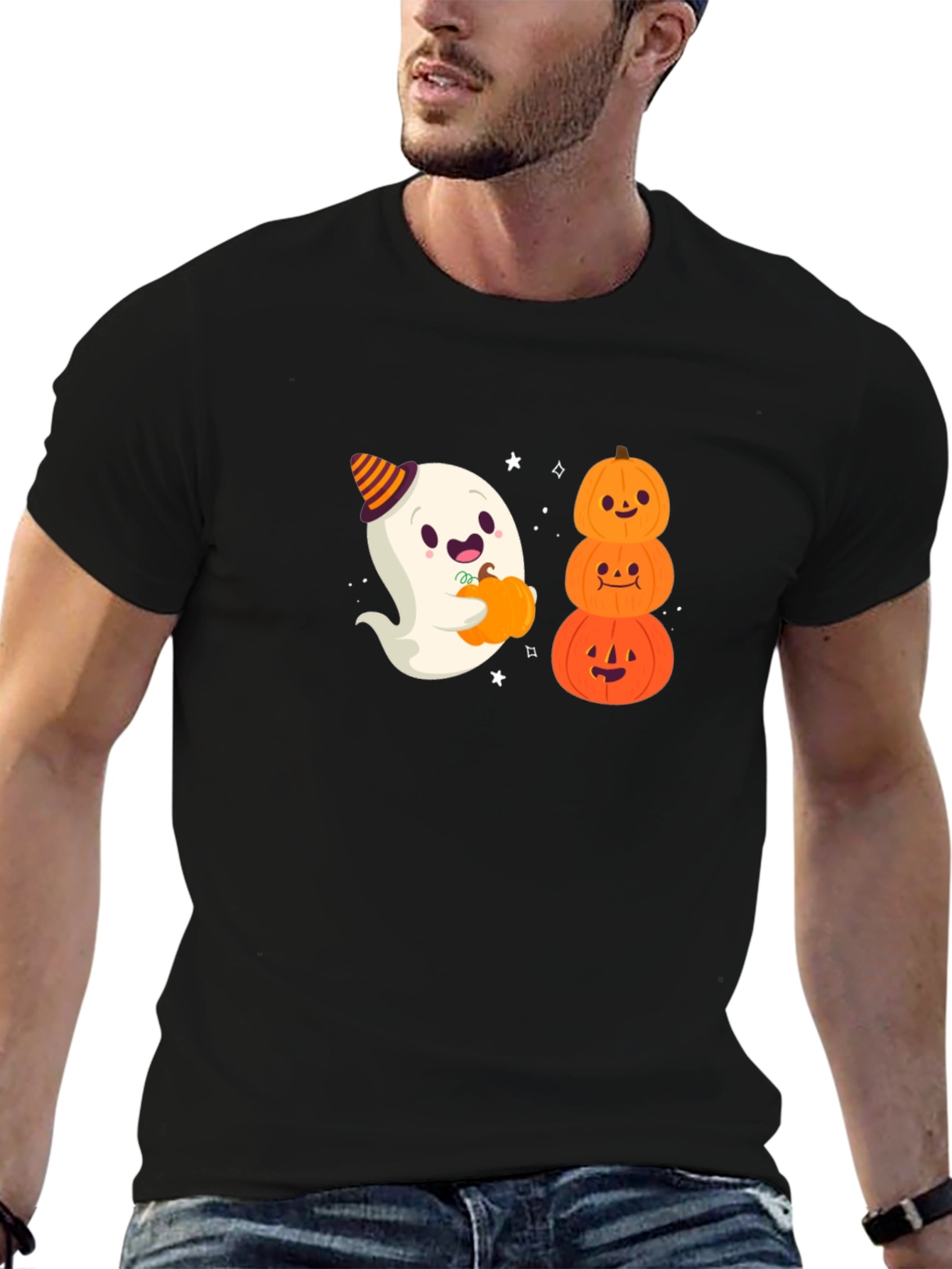 Halloween Ghost & Pumpkins Black T-Shirt