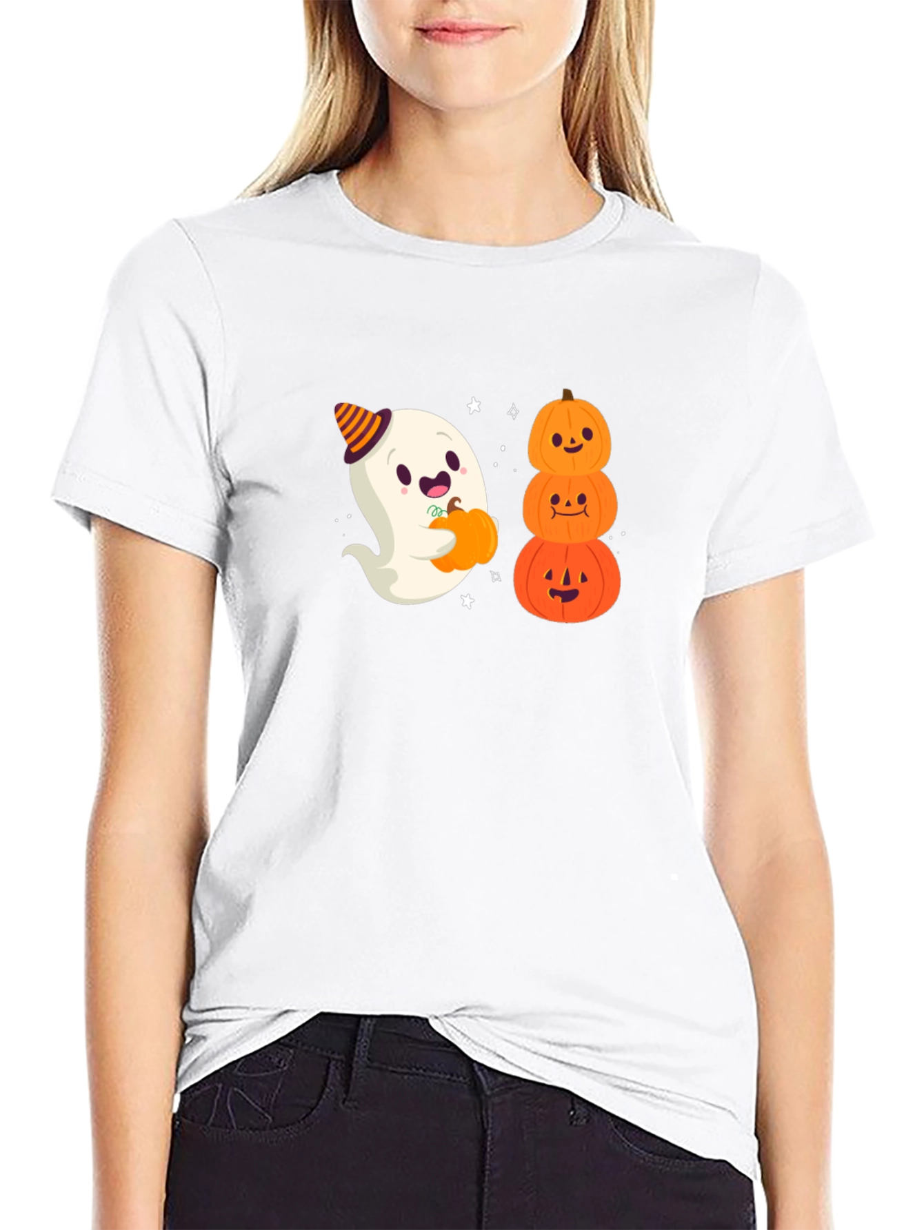 Halloween Ghost & Pumpkins Black T-Shirt