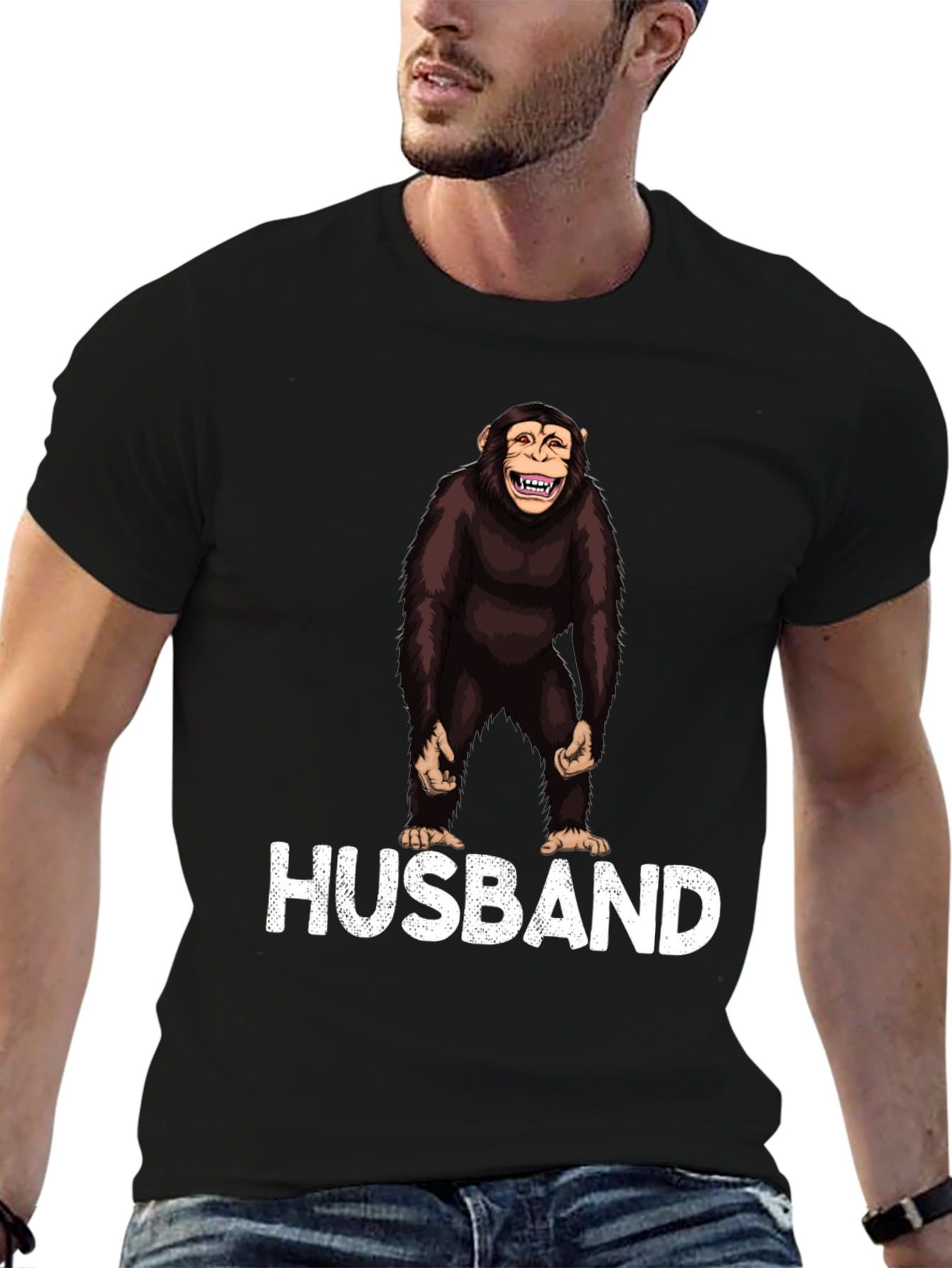 Funny Monkey Husband Graphic Tee - Black Mens T-Shirt