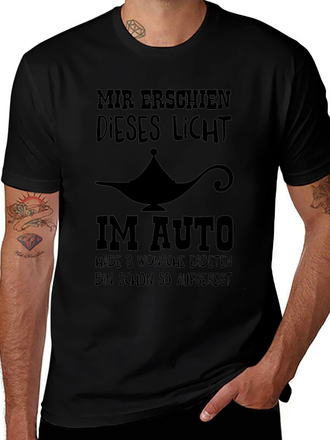 Mens Black T-Shirt with Funny Genie Lamp Graphic