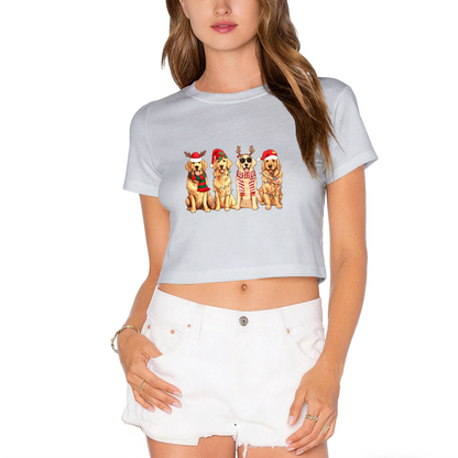 Cute Golden Retriever Dogs Xmas Antlers & Scarves Christmas Crop Top