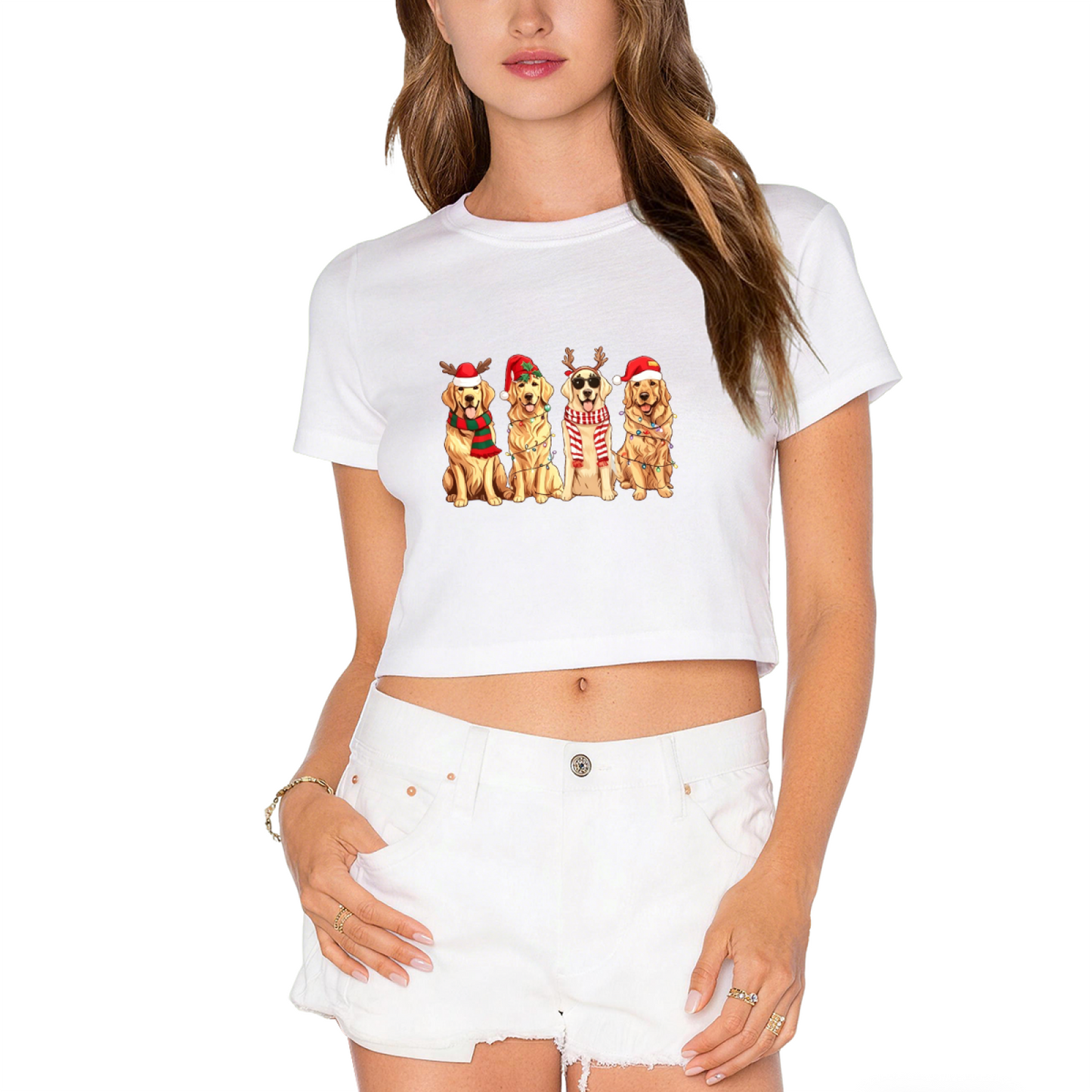 Cute Golden Retriever Dogs Xmas Antlers & Scarves Christmas Crop Top