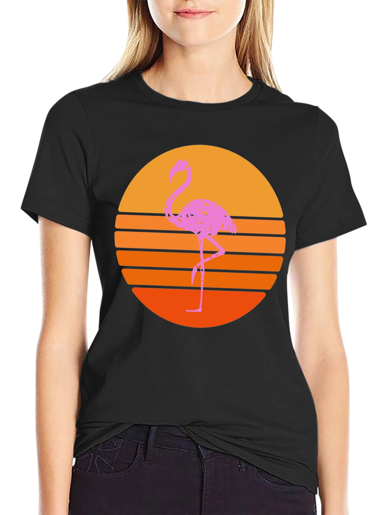 Retro Flamingo Sunset T-Shirt - Black