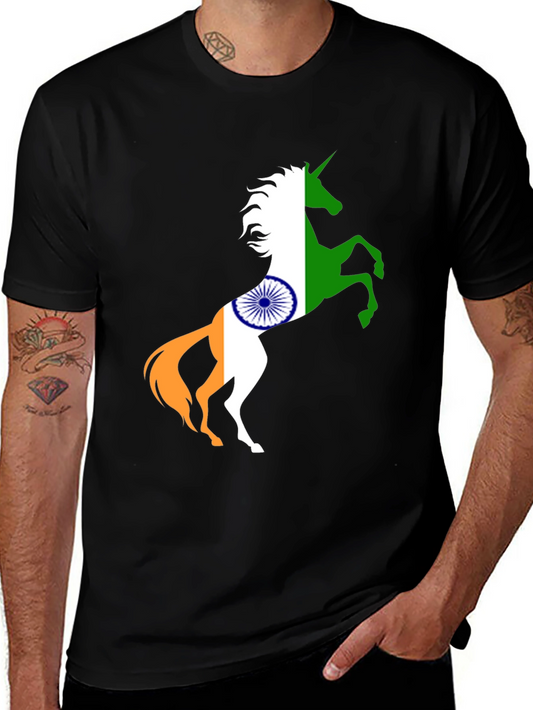 Indian Flag Unicorn Black T-Shirt