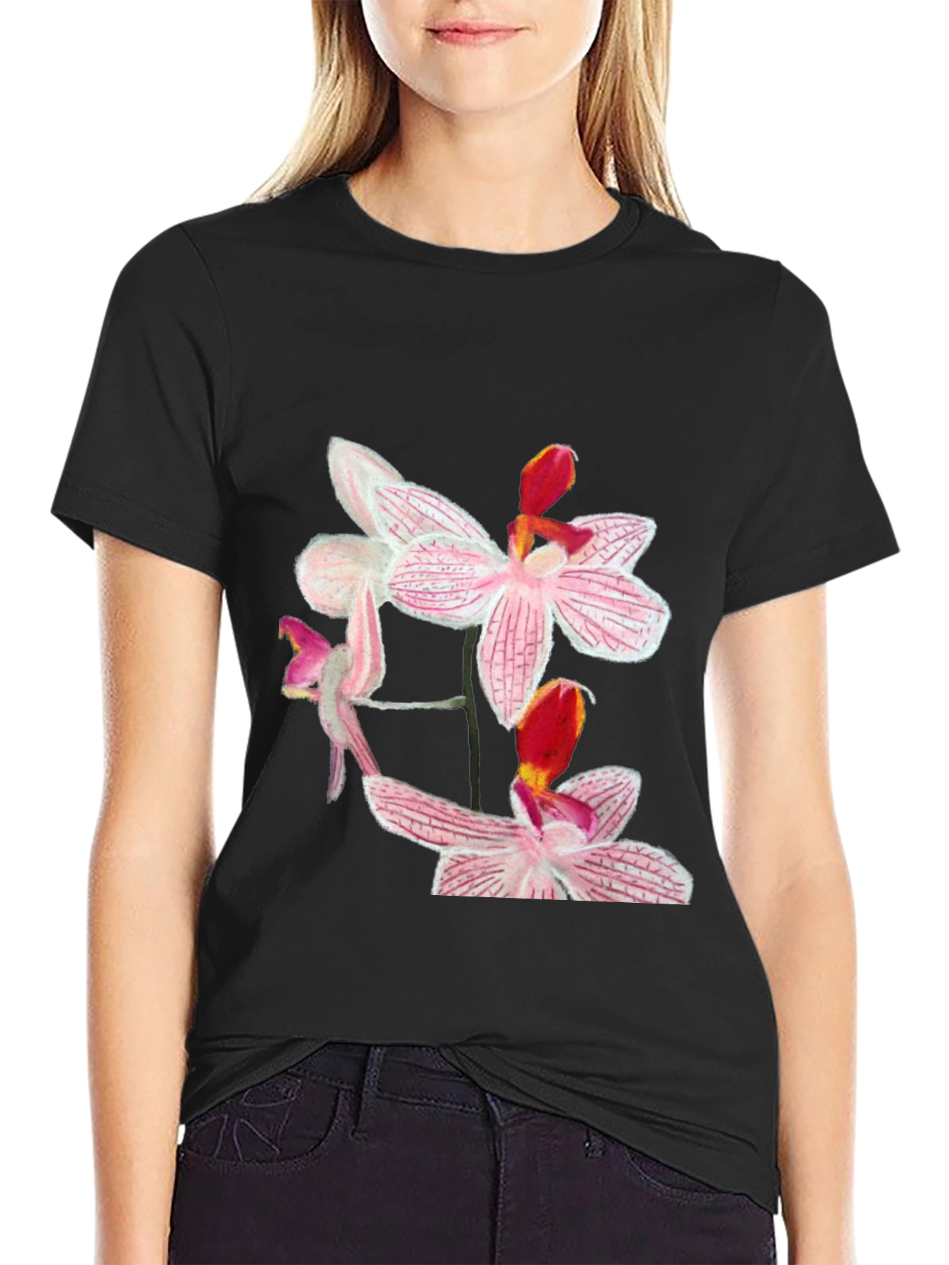 Floral Orchid Graphic Black T-Shirt