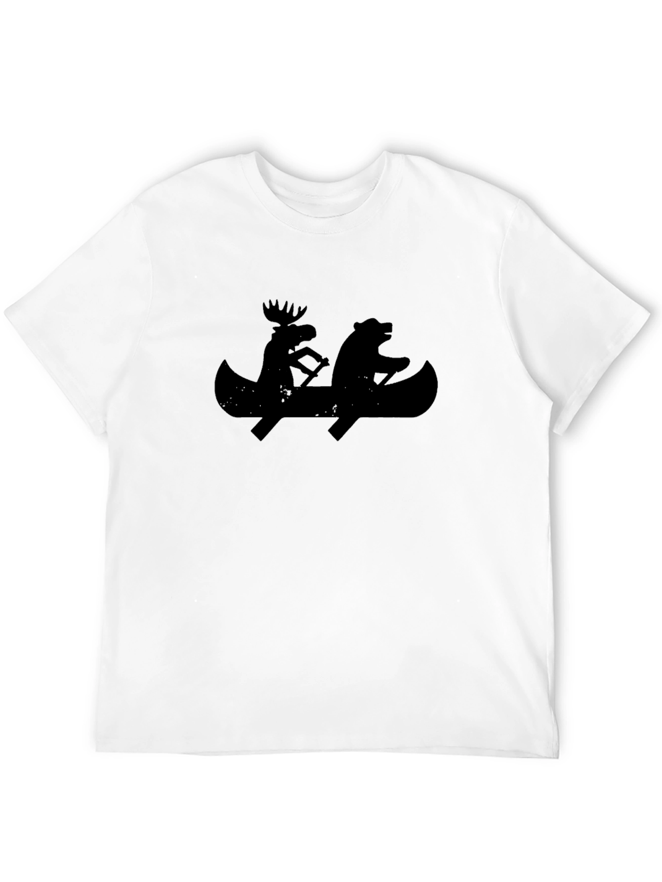 Black T-Shirt with Moose and Bear Canoeing Design