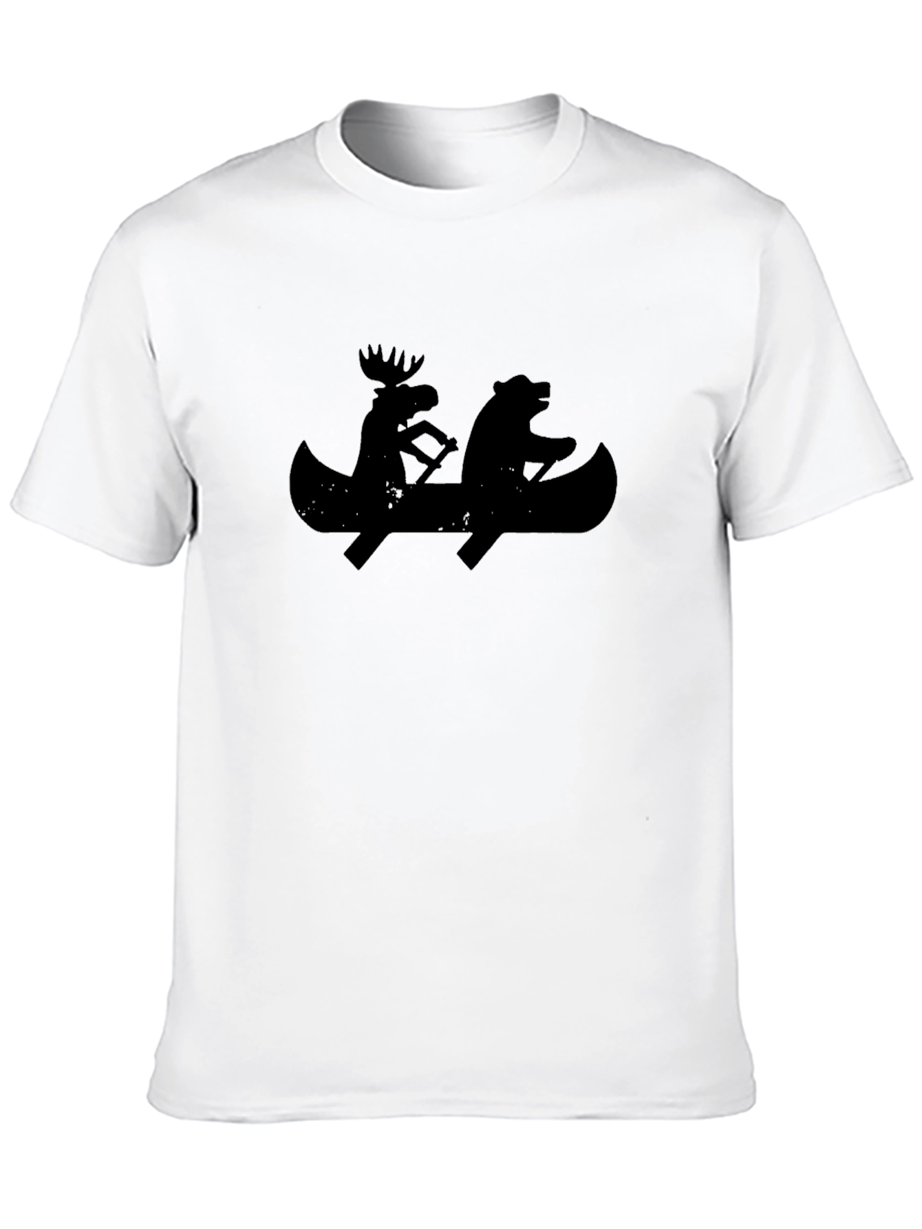 Black T-Shirt with Moose and Bear Canoeing Design