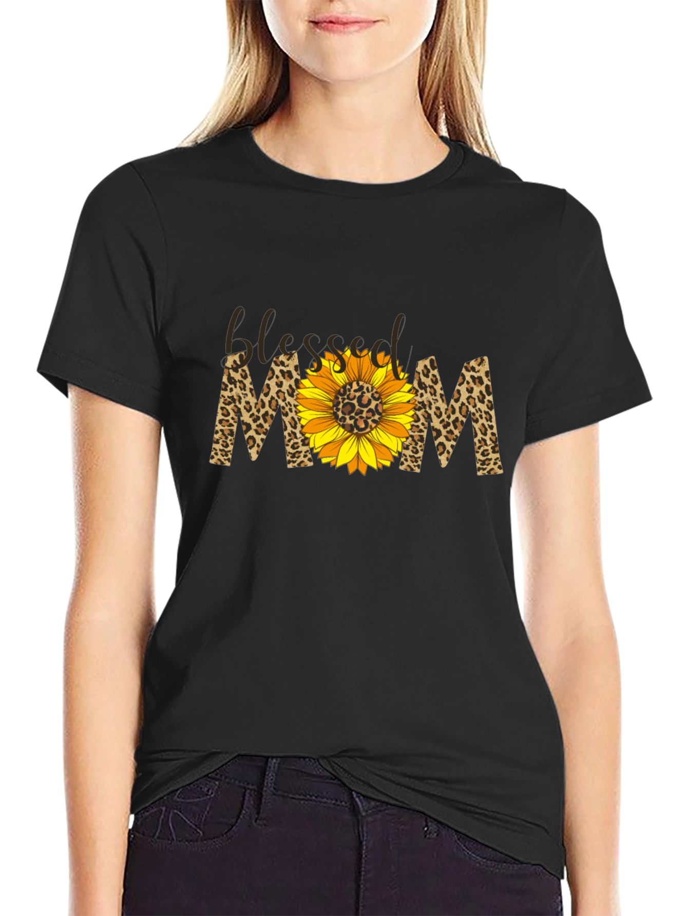 Blessed Mom Sunflower Leopard Print T-Shirt
