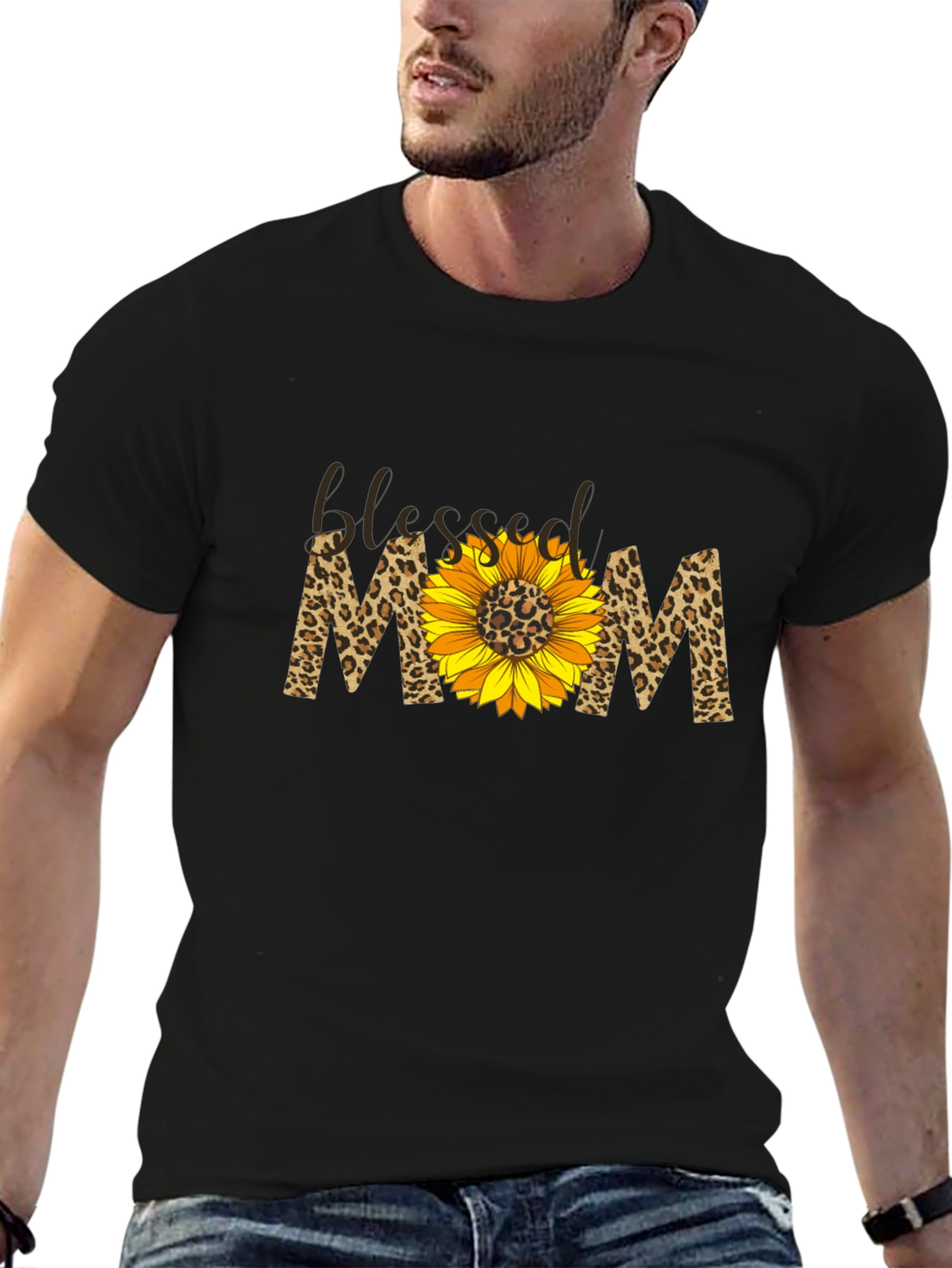 Blessed Mom Sunflower Leopard Print T-Shirt