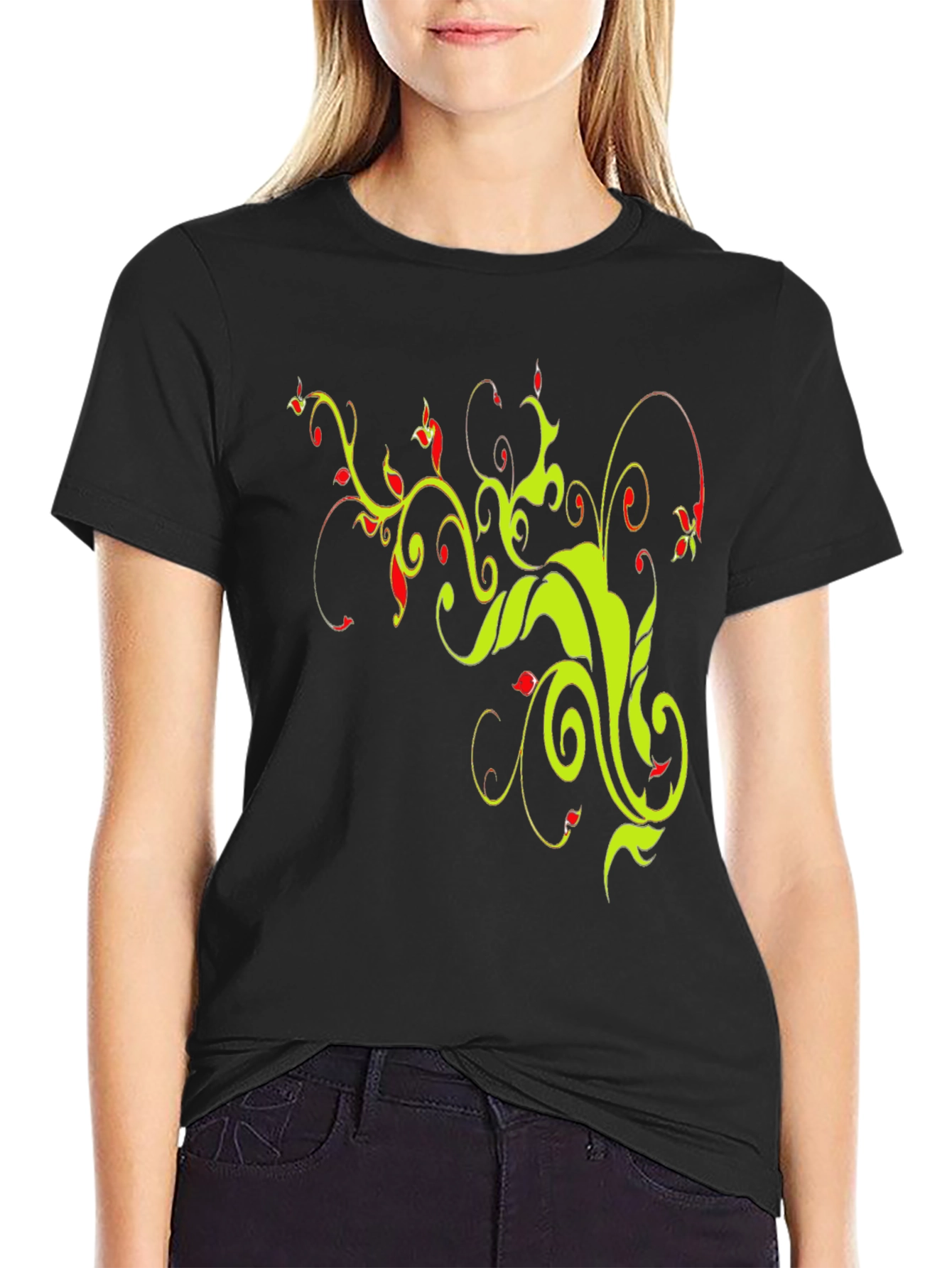 Stylish Black T-Shirt with Floral Vine Design