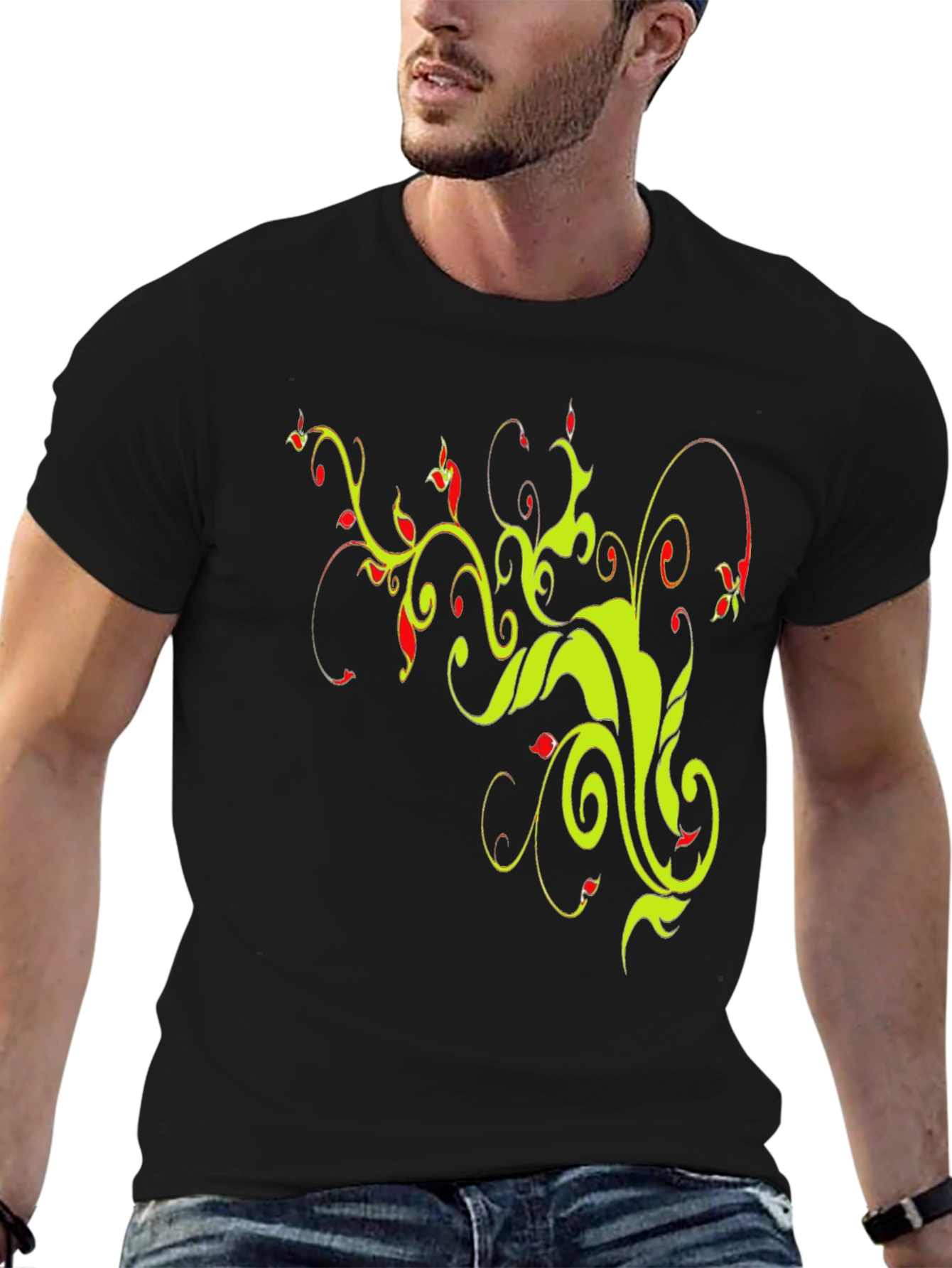 Stylish Black T-Shirt with Floral Vine Design