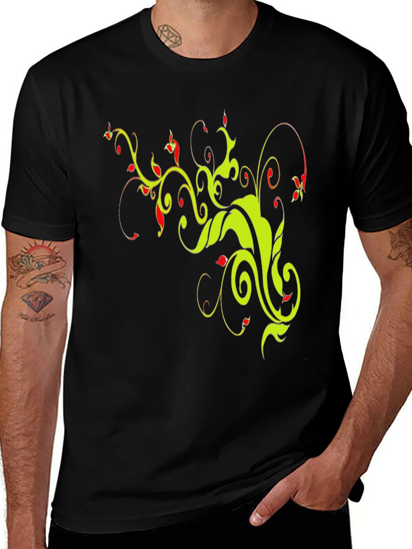 Stylish Black T-Shirt with Floral Vine Design