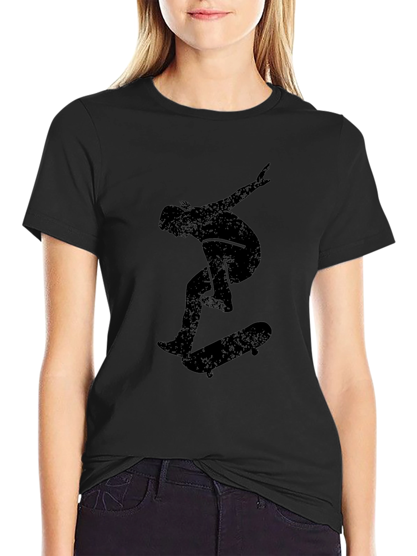 Skateboarder Graphic Tee - Black Cotton Casual Top