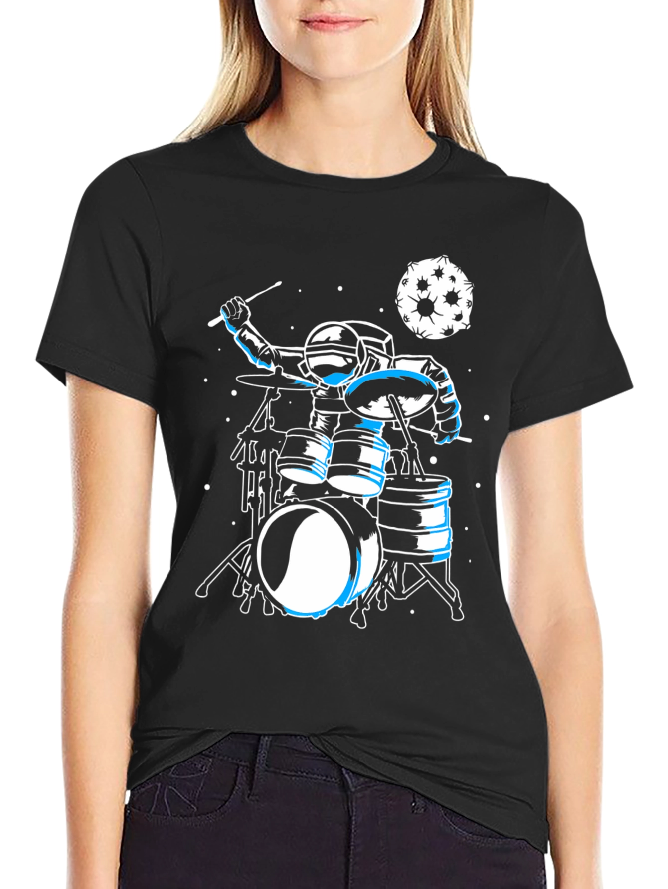 Astronaut Drummer Graphic Tee - Space Music Shirt