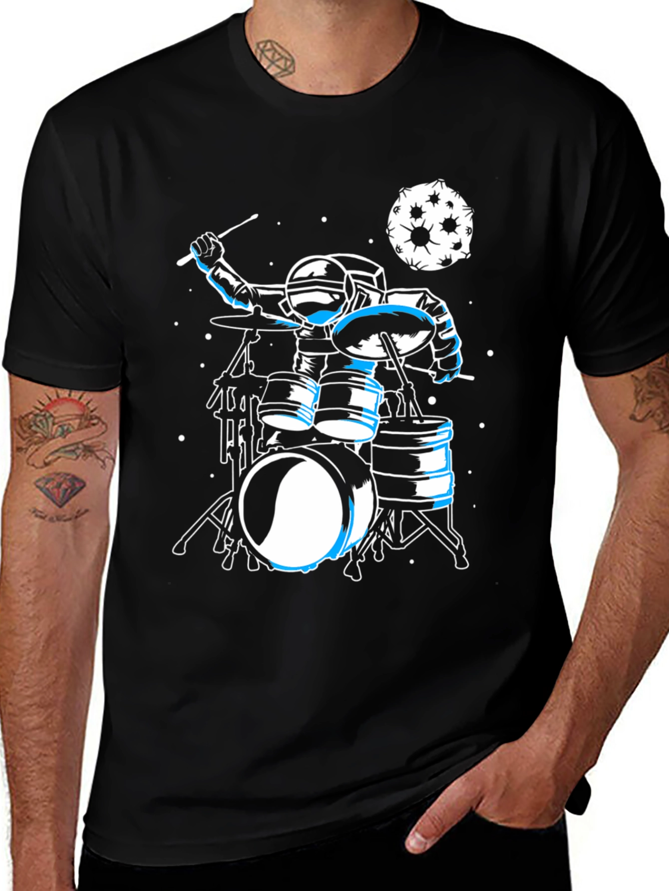 Astronaut Drummer Graphic Tee - Space Music Shirt