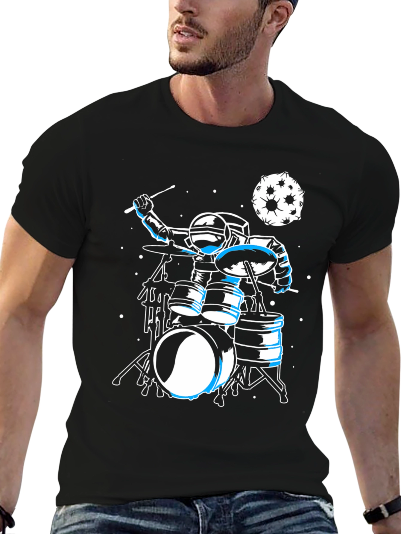 Astronaut Drummer Graphic Tee - Space Music Shirt