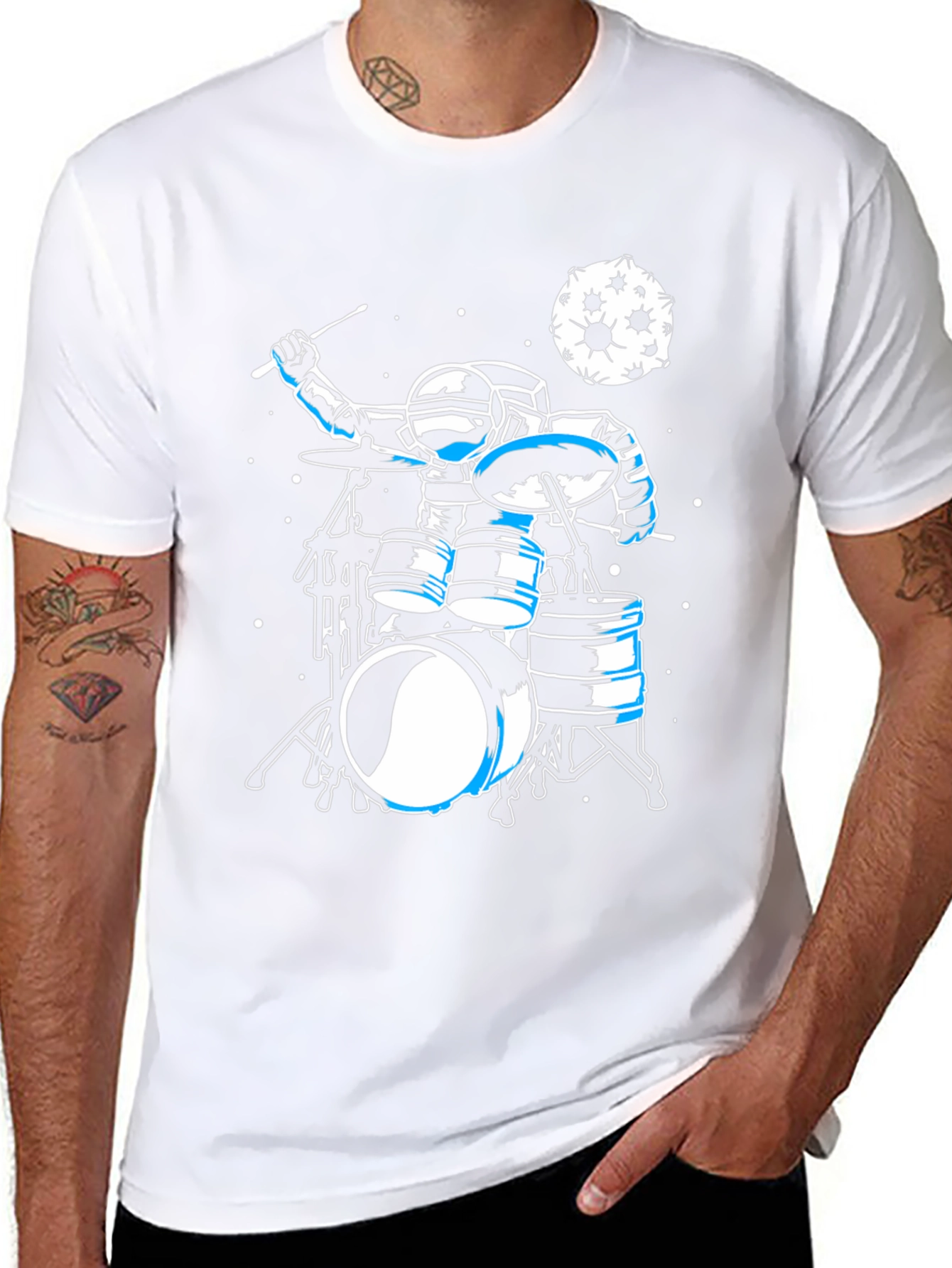 Astronaut Drummer Graphic Tee - Space Music Shirt