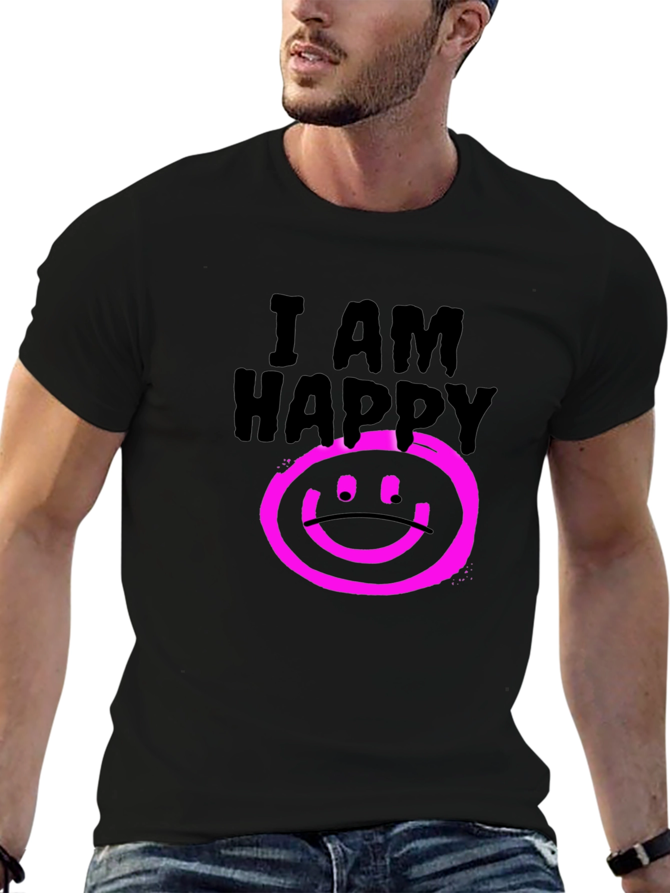 I AM HAPPY Graphic Black T-Shirt