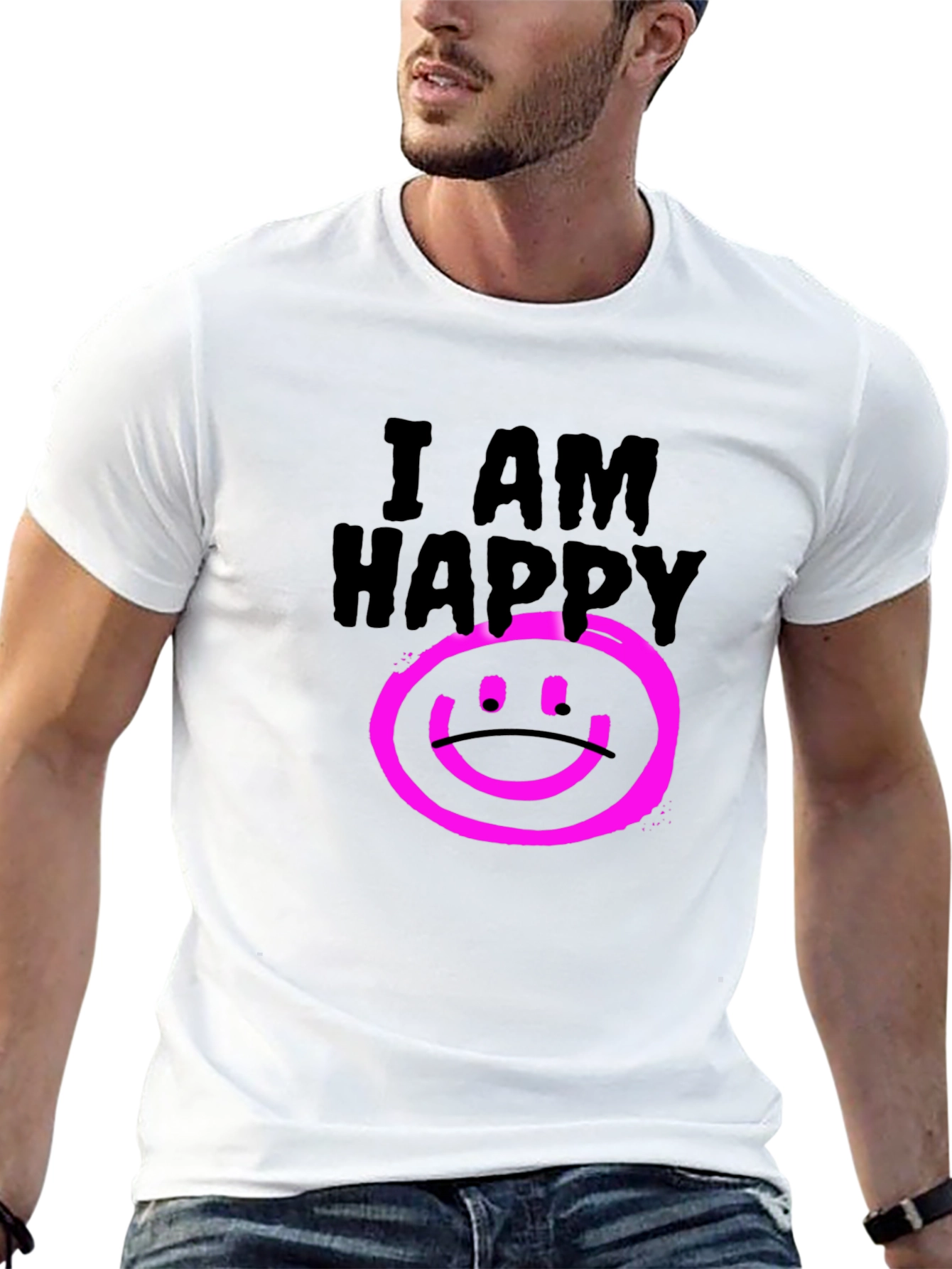 I AM HAPPY Graphic Black T-Shirt