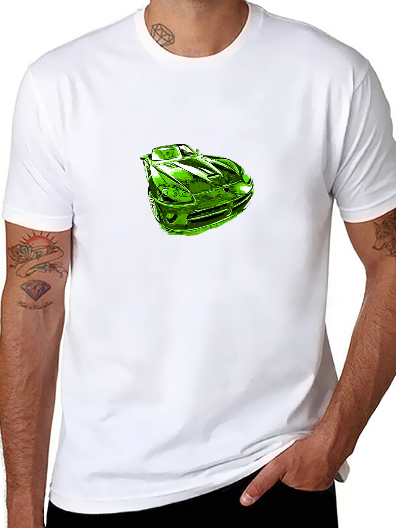 Green Car Graphic Black T-Shirt