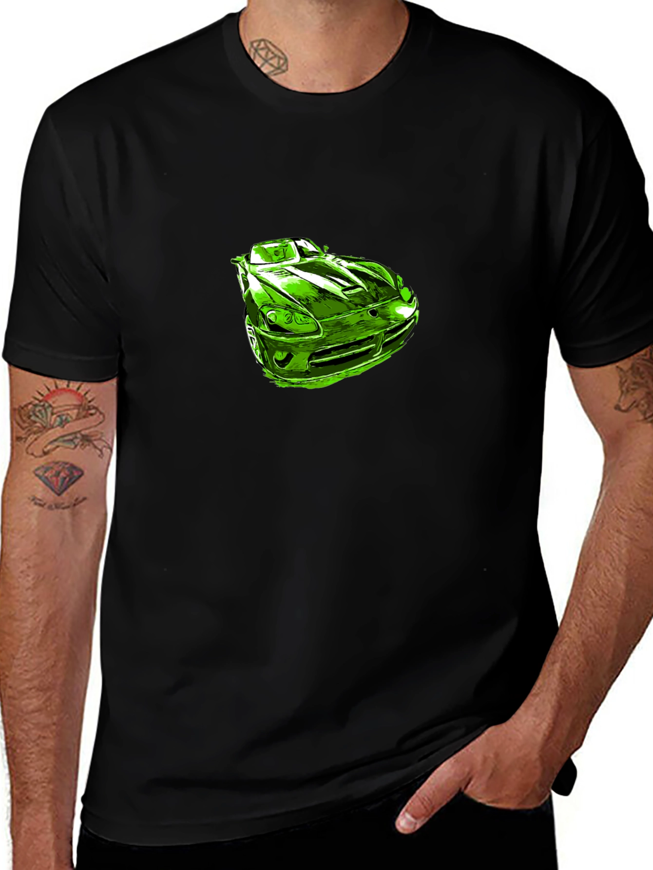 Green Car Graphic Black T-Shirt