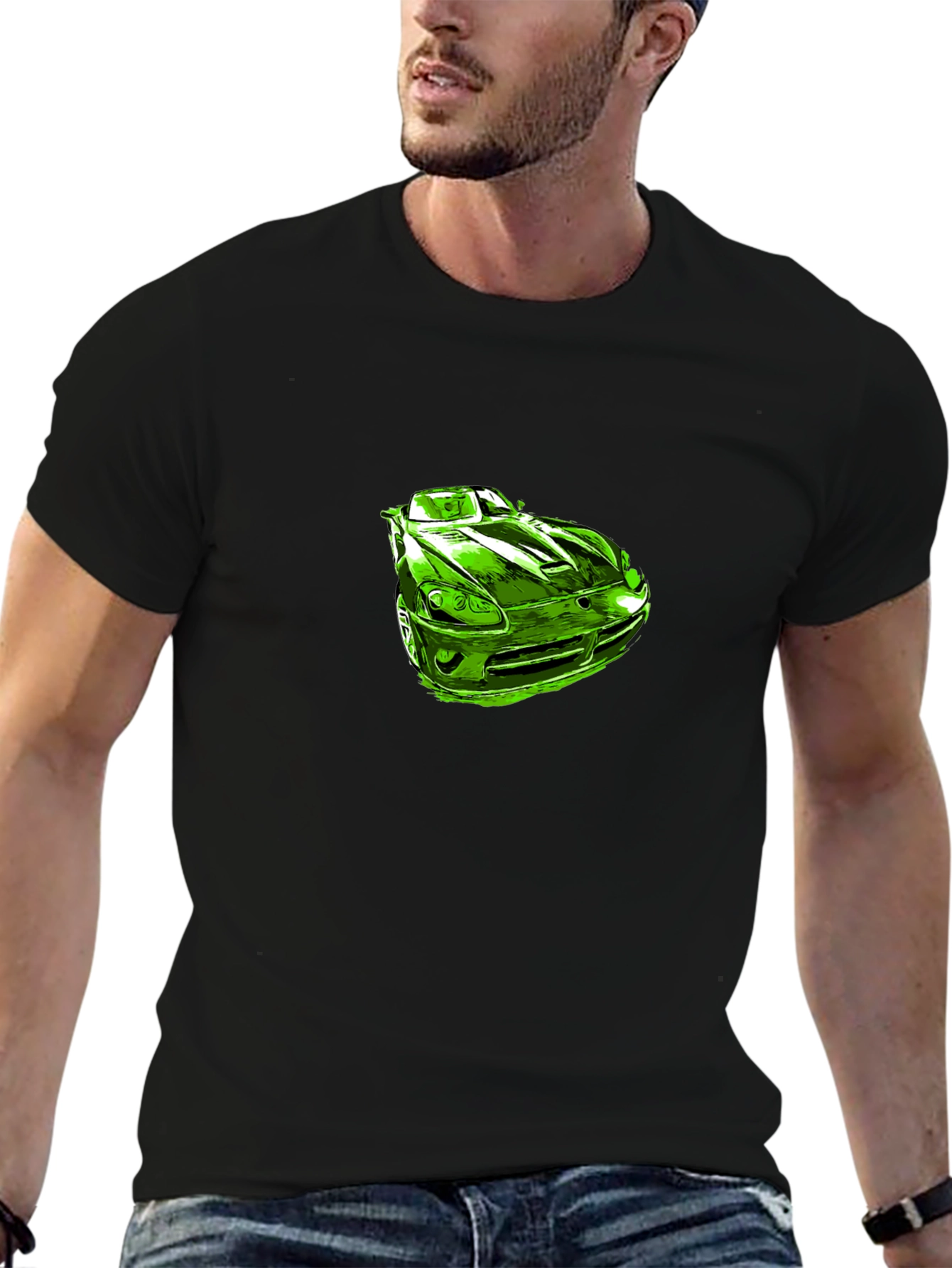 Green Car Graphic Black T-Shirt