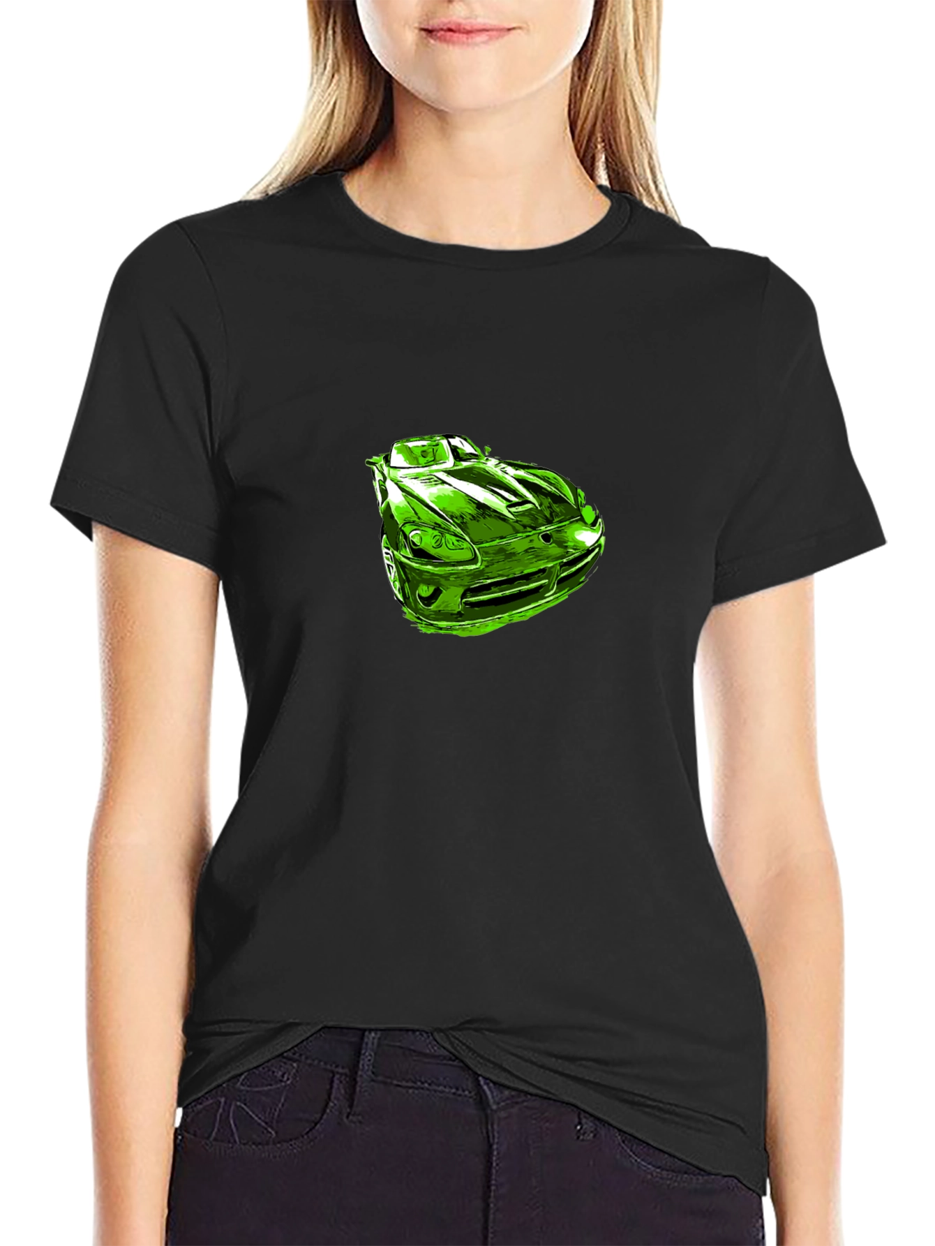 Green Car Graphic Black T-Shirt