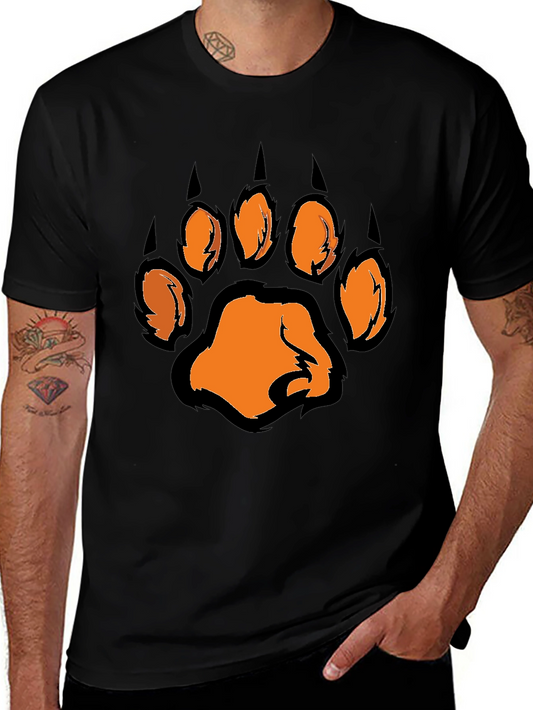 Mens Black T-Shirt with Orange Paw Print Graphic