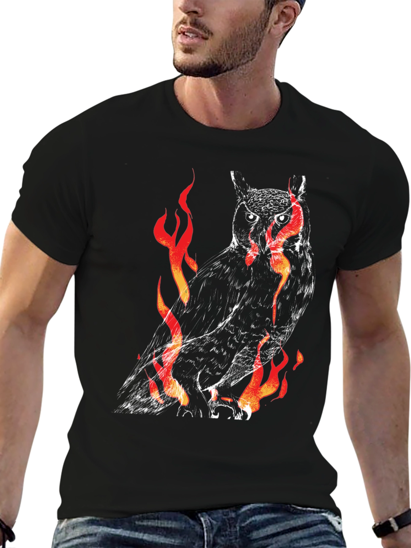 Fiery Owl Graphic Black T-Shirt