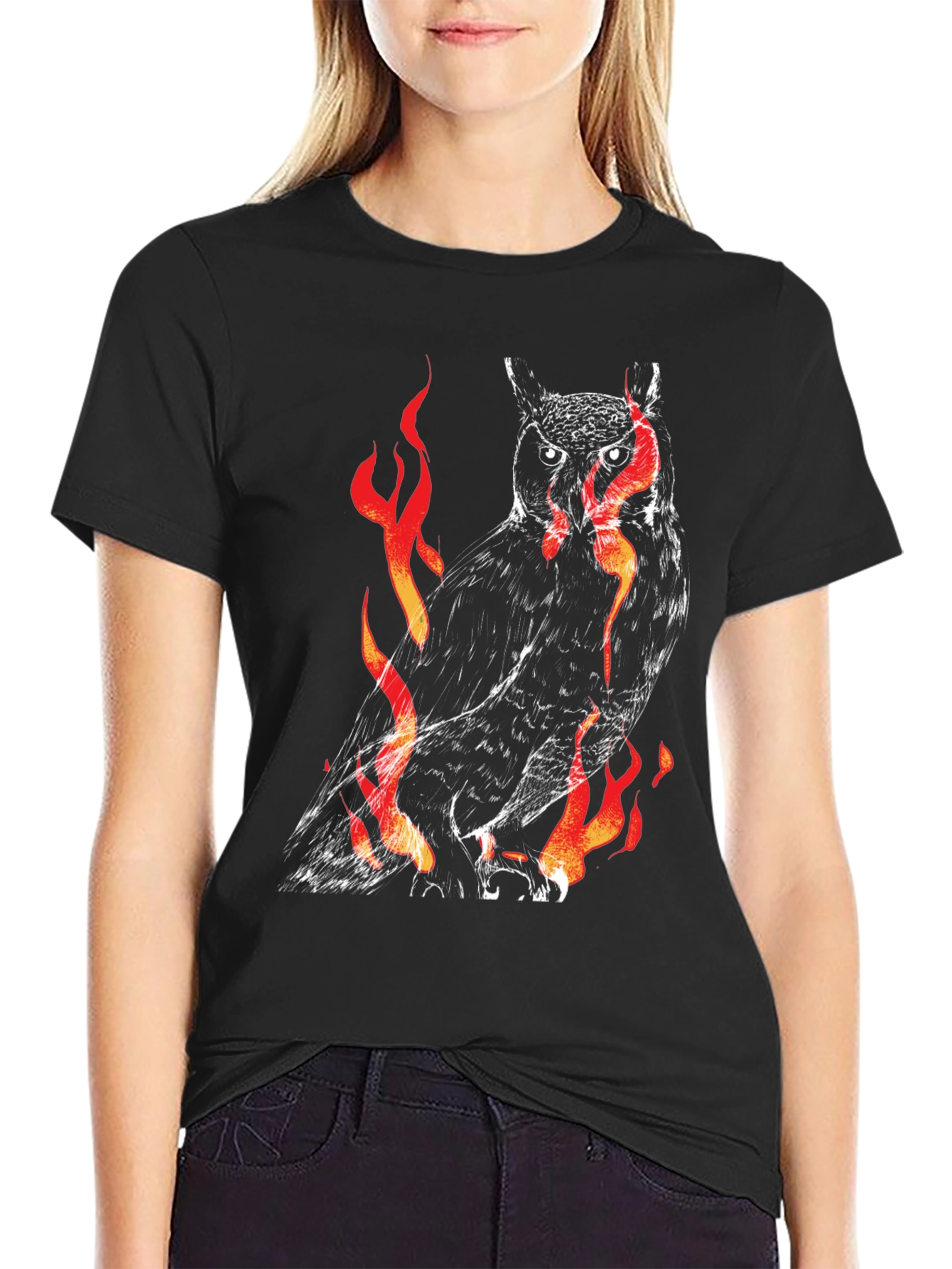 Fiery Owl Graphic Black T-Shirt